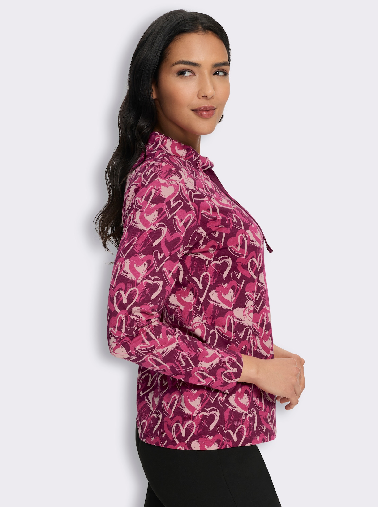 Stehkragenshirt im Herz-Dessin - malve-fuchsia-bedruckt