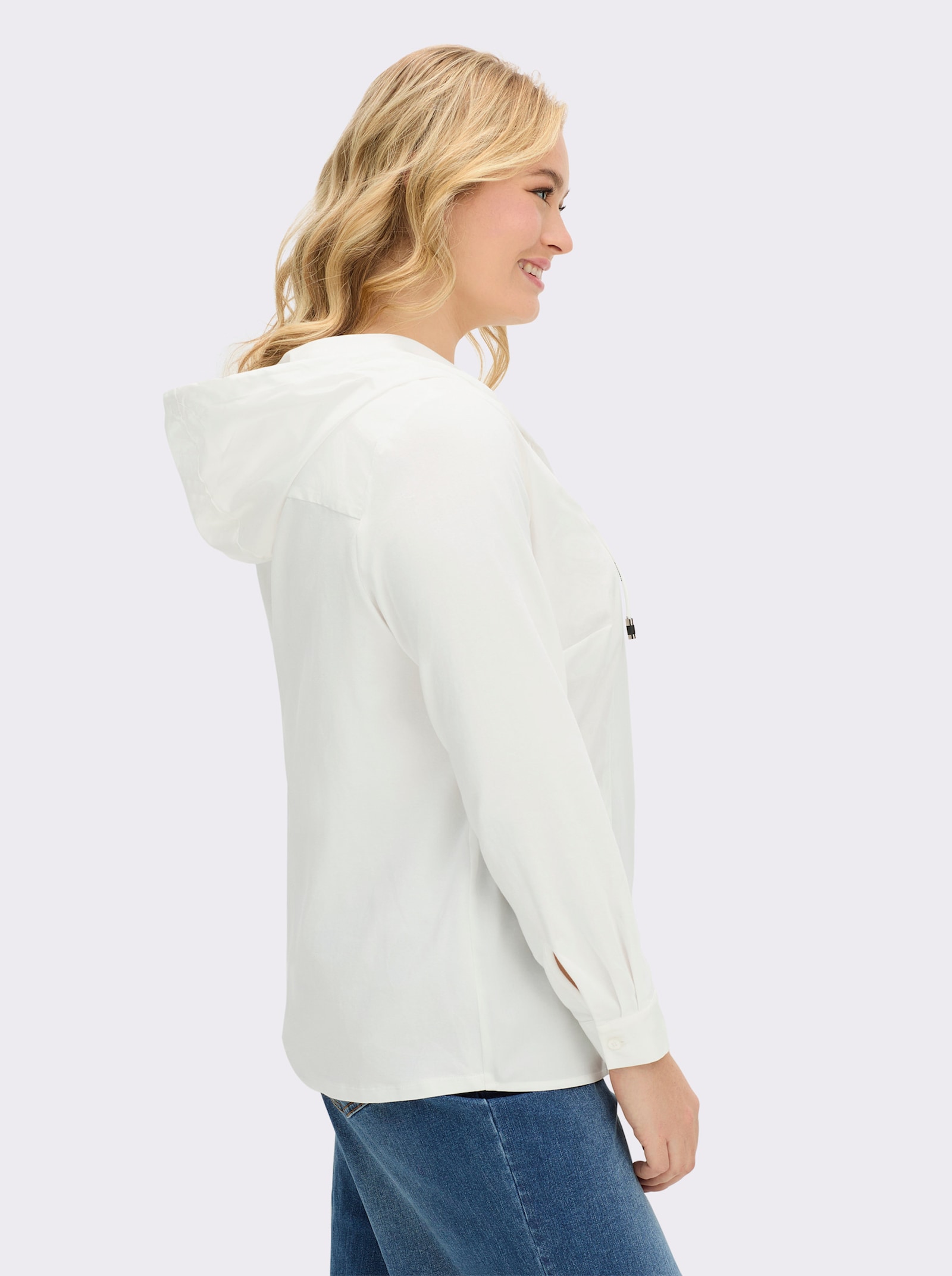 Langarmbluse mit Kapuze - ecru