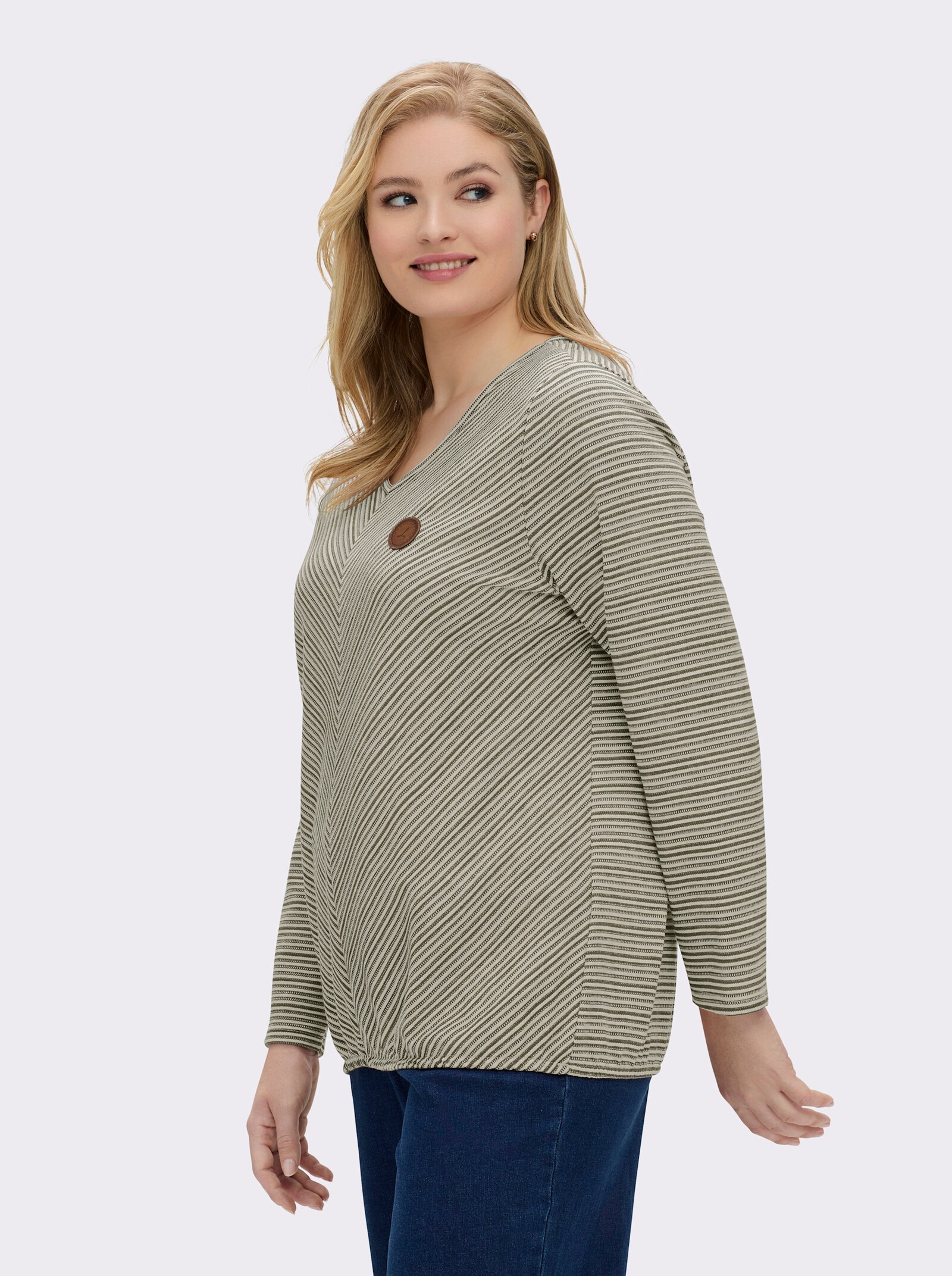 Langarmshirt mit elastischem Saum - oliv-ecru-gemustert