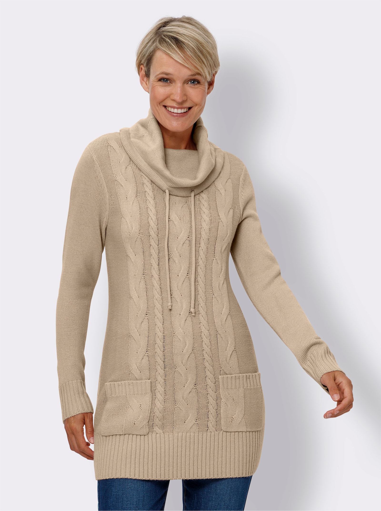 Longpullover mit aufgesetzten Taschen - beige