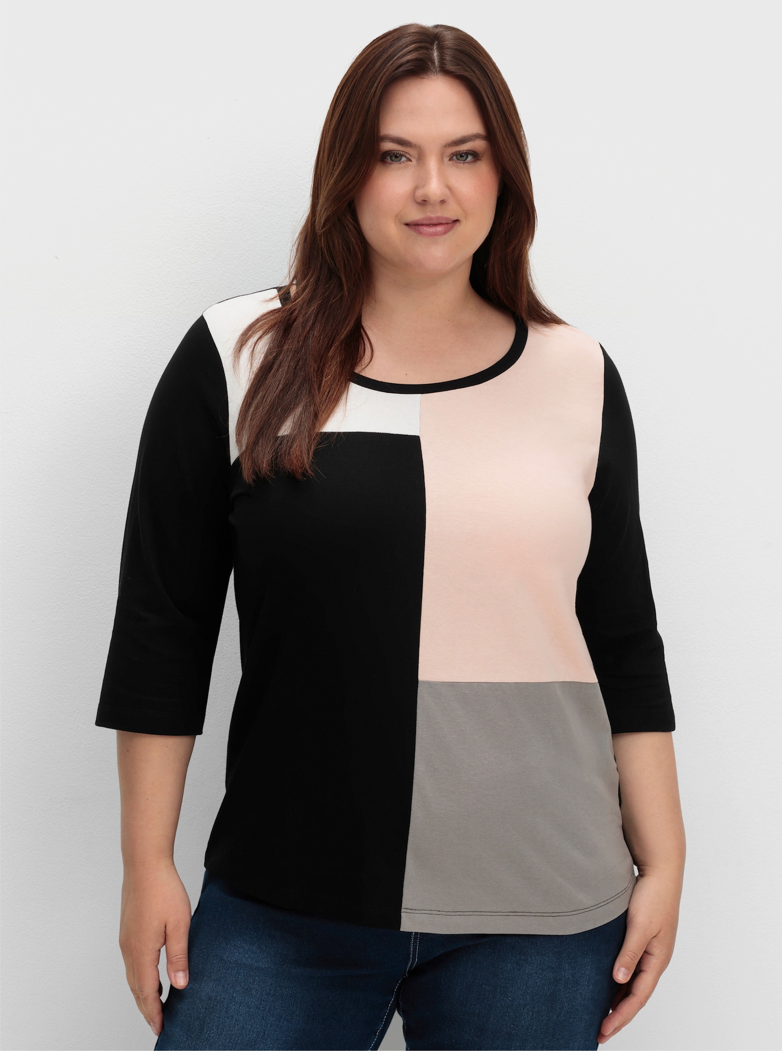Langarmshirt mit Patchwork-Muster - schwarz-puder-gemustert
