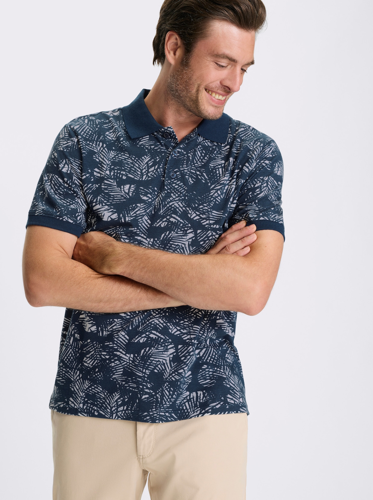 Catamaran Kurzarmshirt mit floralem Allover-Muster - dunkelblau-weiss-gemustert