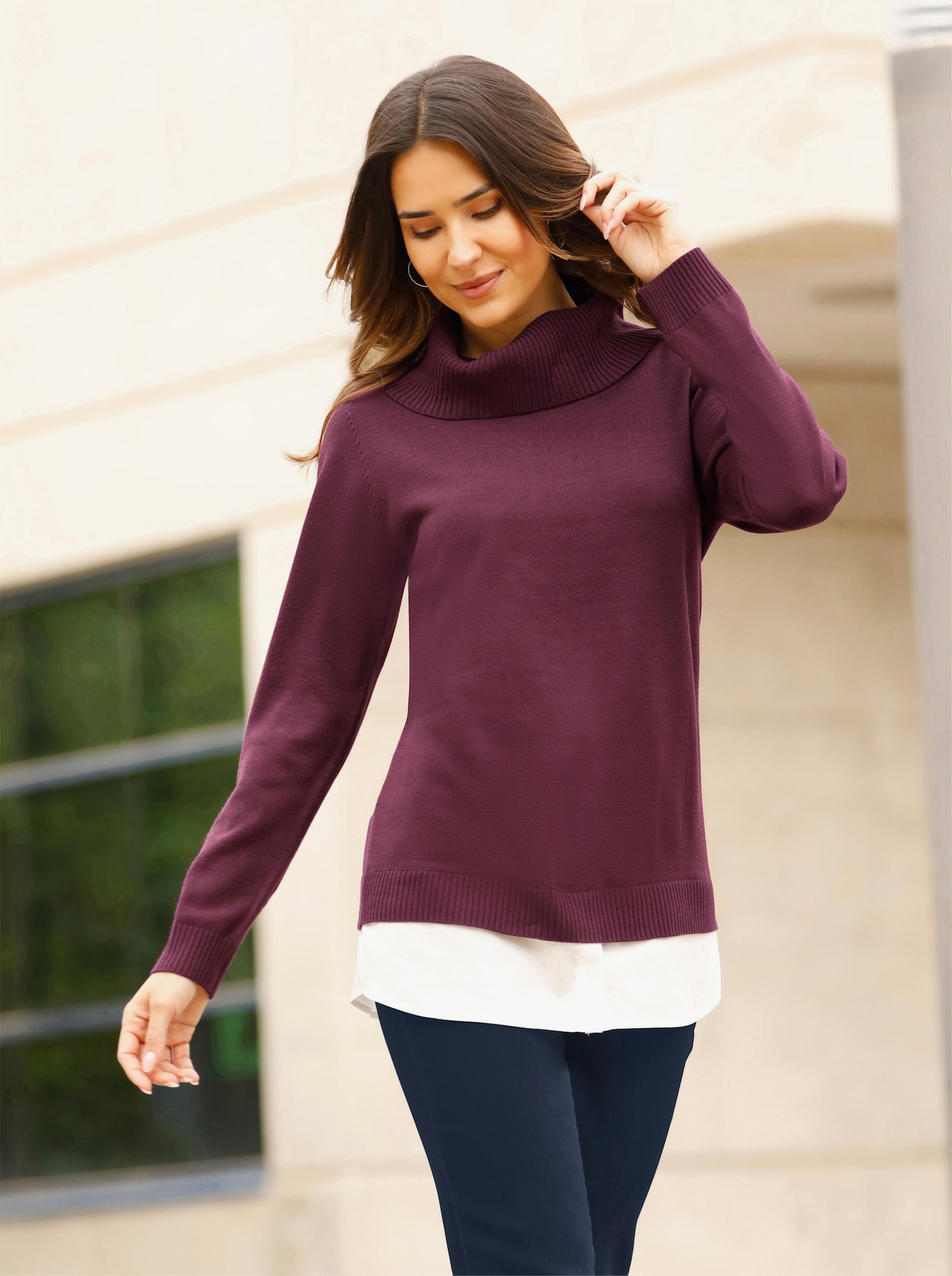 2-i-1-tröja med vid polokrage - vinröd-vit