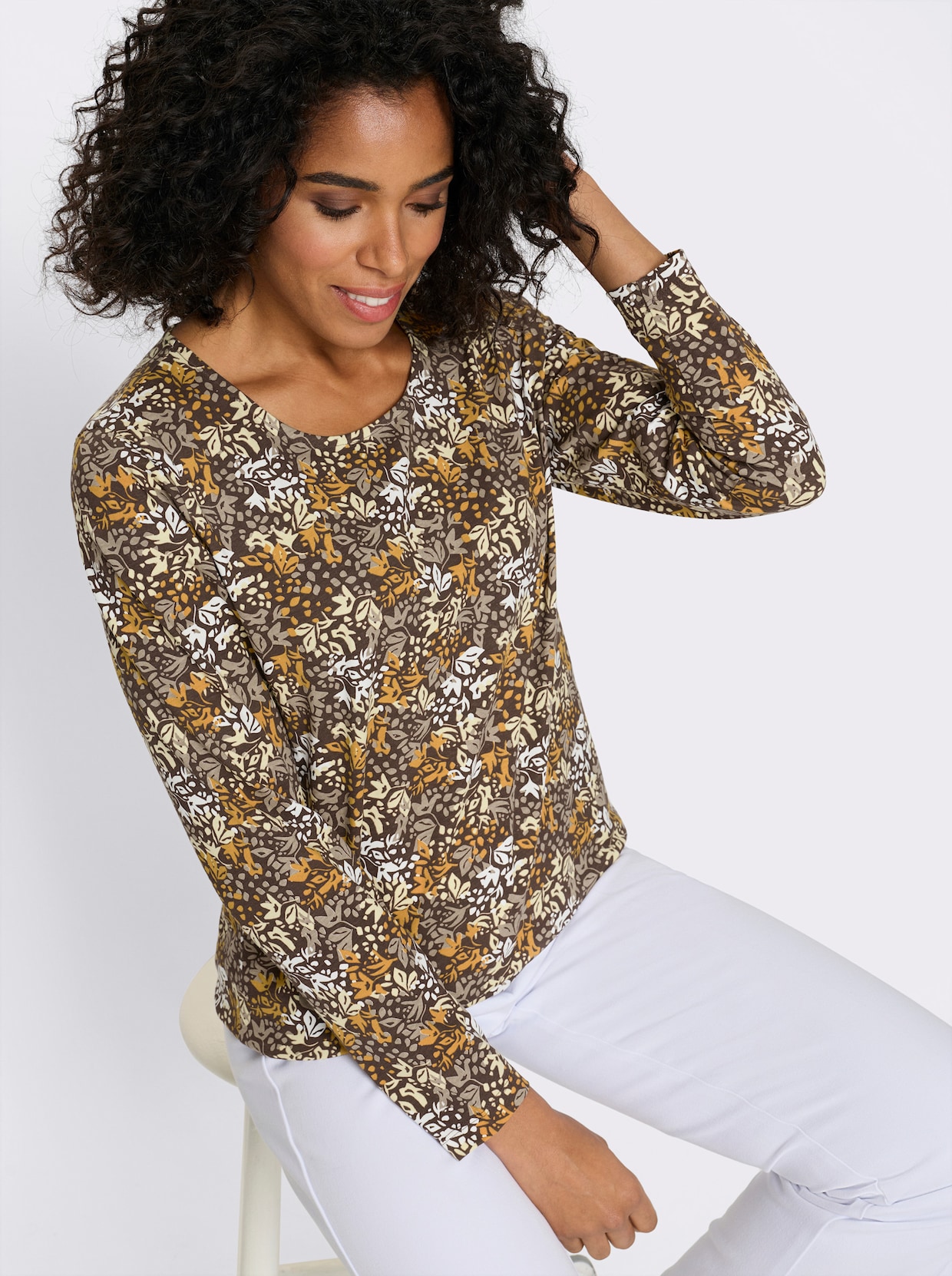 Shirt met lange mouwen en bloemenpatroon - choco/oker bedrukt