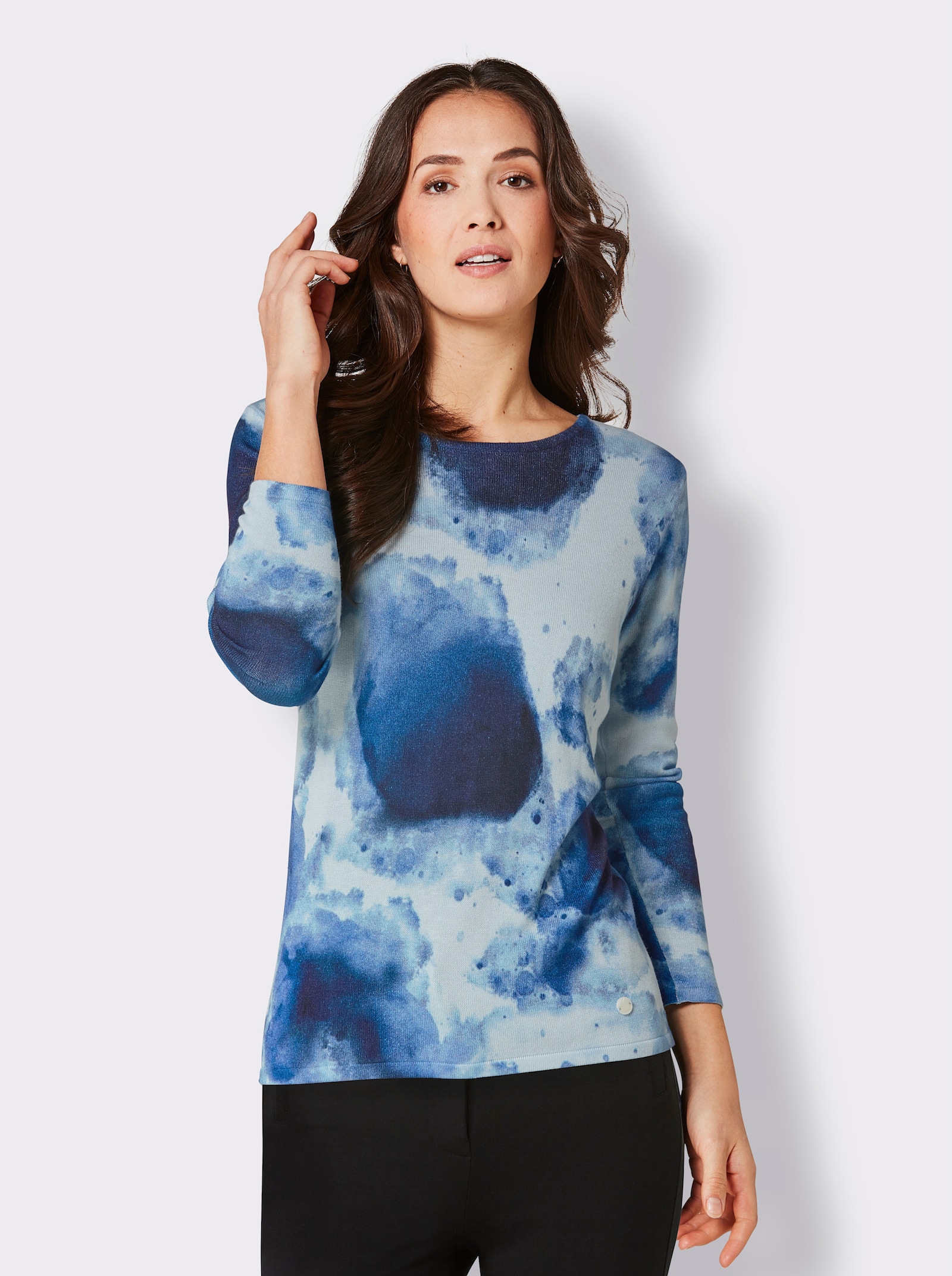 CREATION L PREMIUM Feinstrickpullover mit Digital-Print - hellblau-marine-bedruckt
