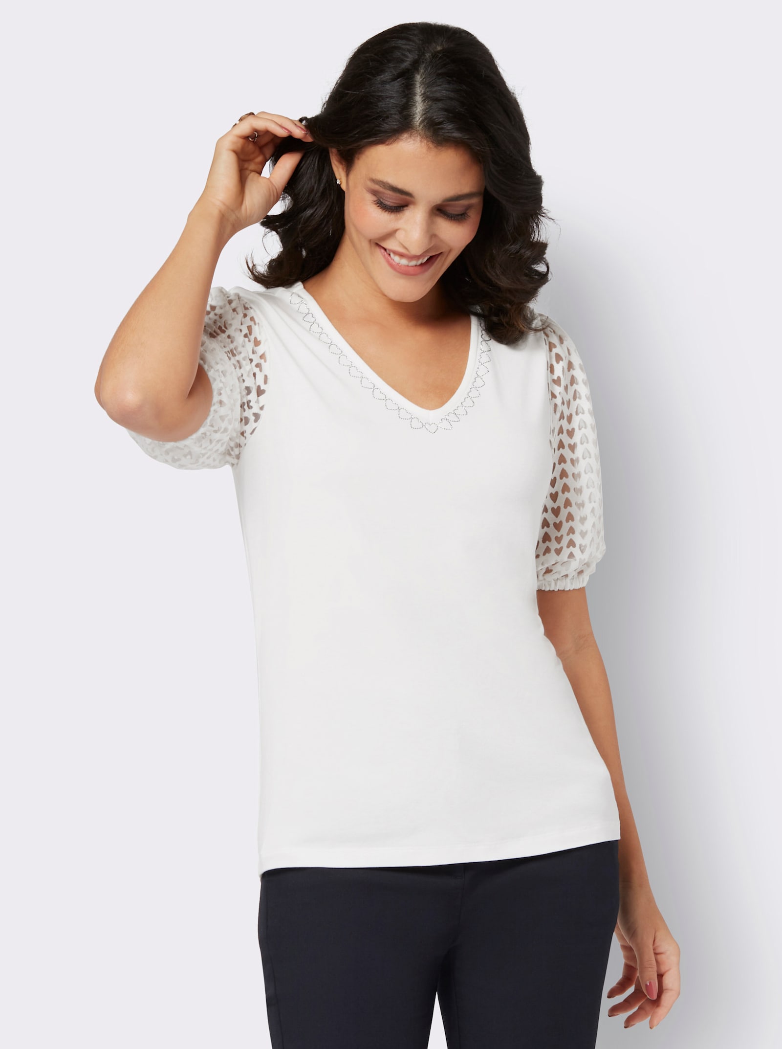 V-Shirt mit Ärmeln im Ausbrenner-Dessin - ecru