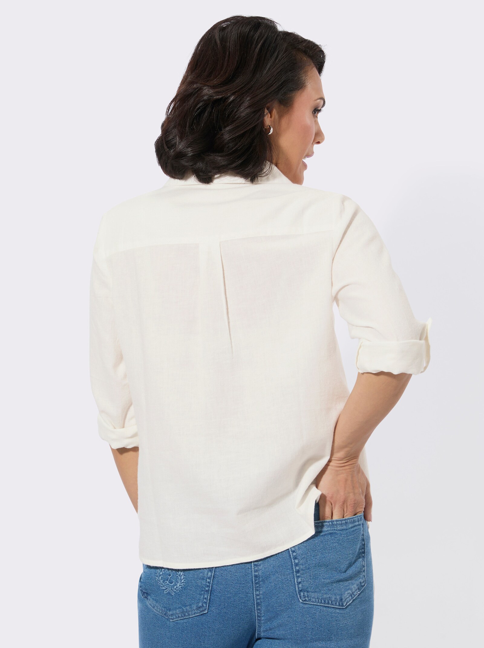 Flanellbluse mit krempelbaren Ärmeln - ecru