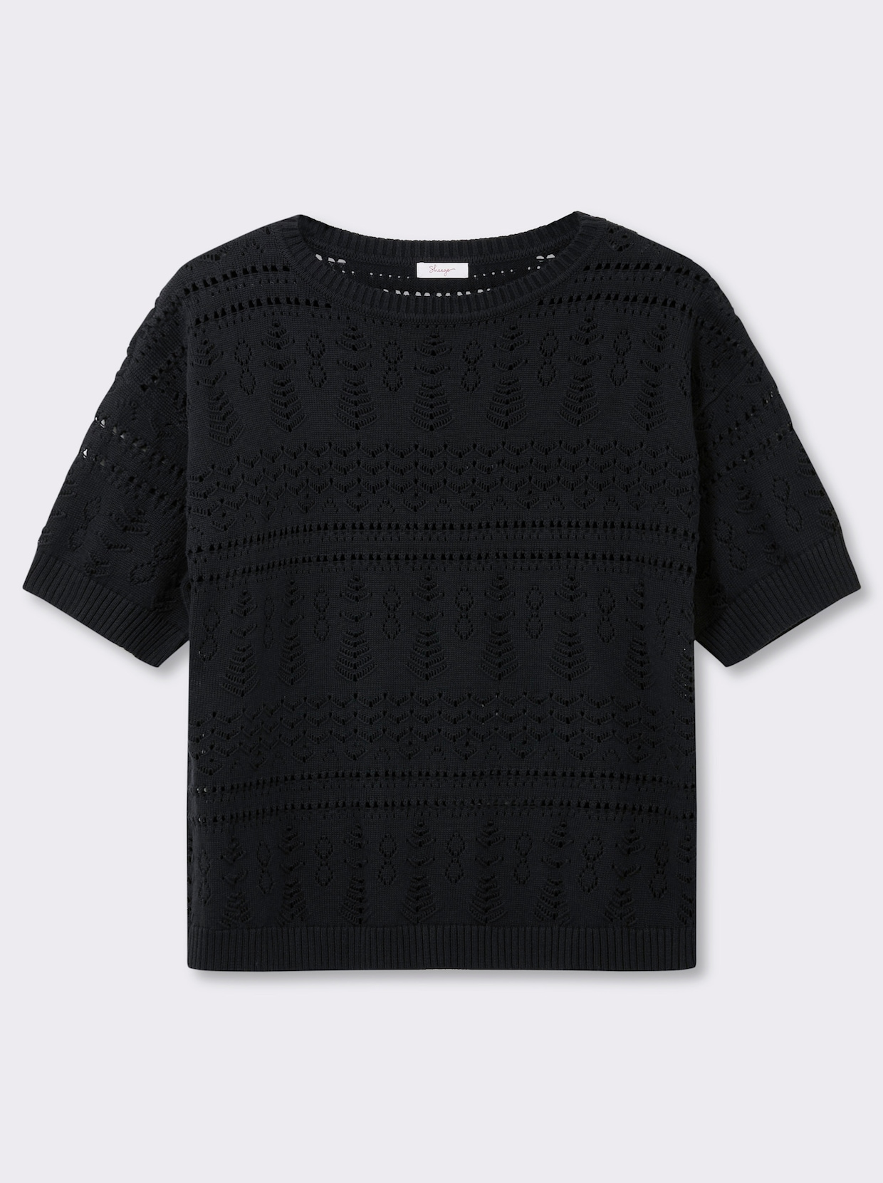 sheego Kurzarmpullover aus Ajourstrick - schwarz