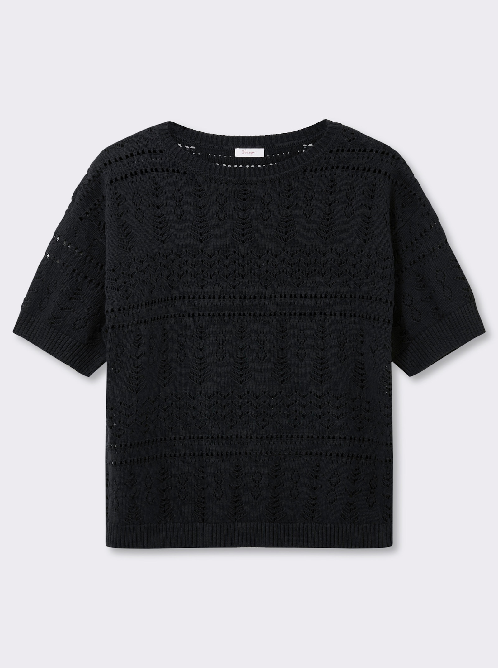 sheego Kurzarmpullover aus Ajourstrick - schwarz