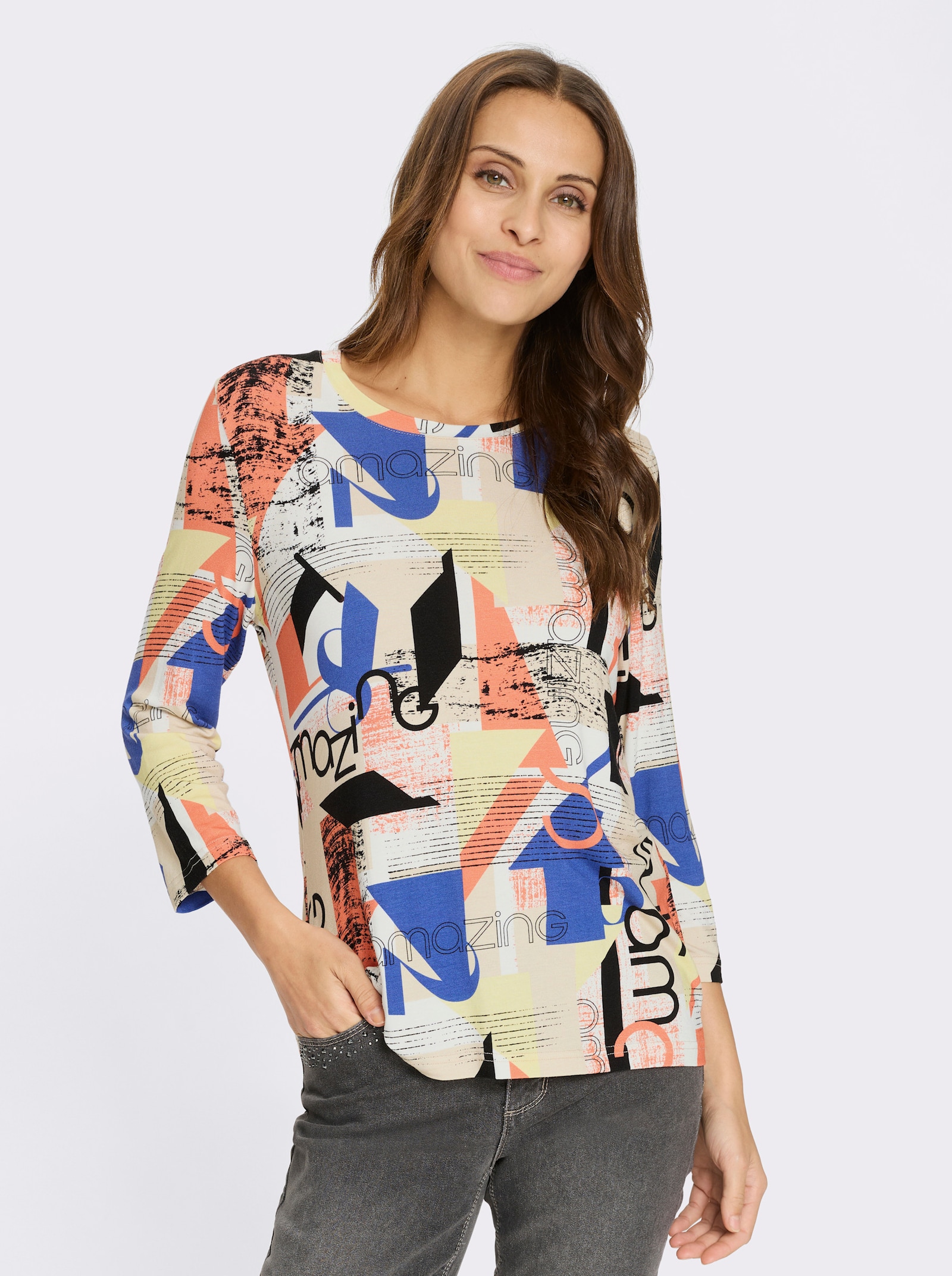 Print-Shirt mit 3/4-Ärmeln - royalblau-orange-bedruckt