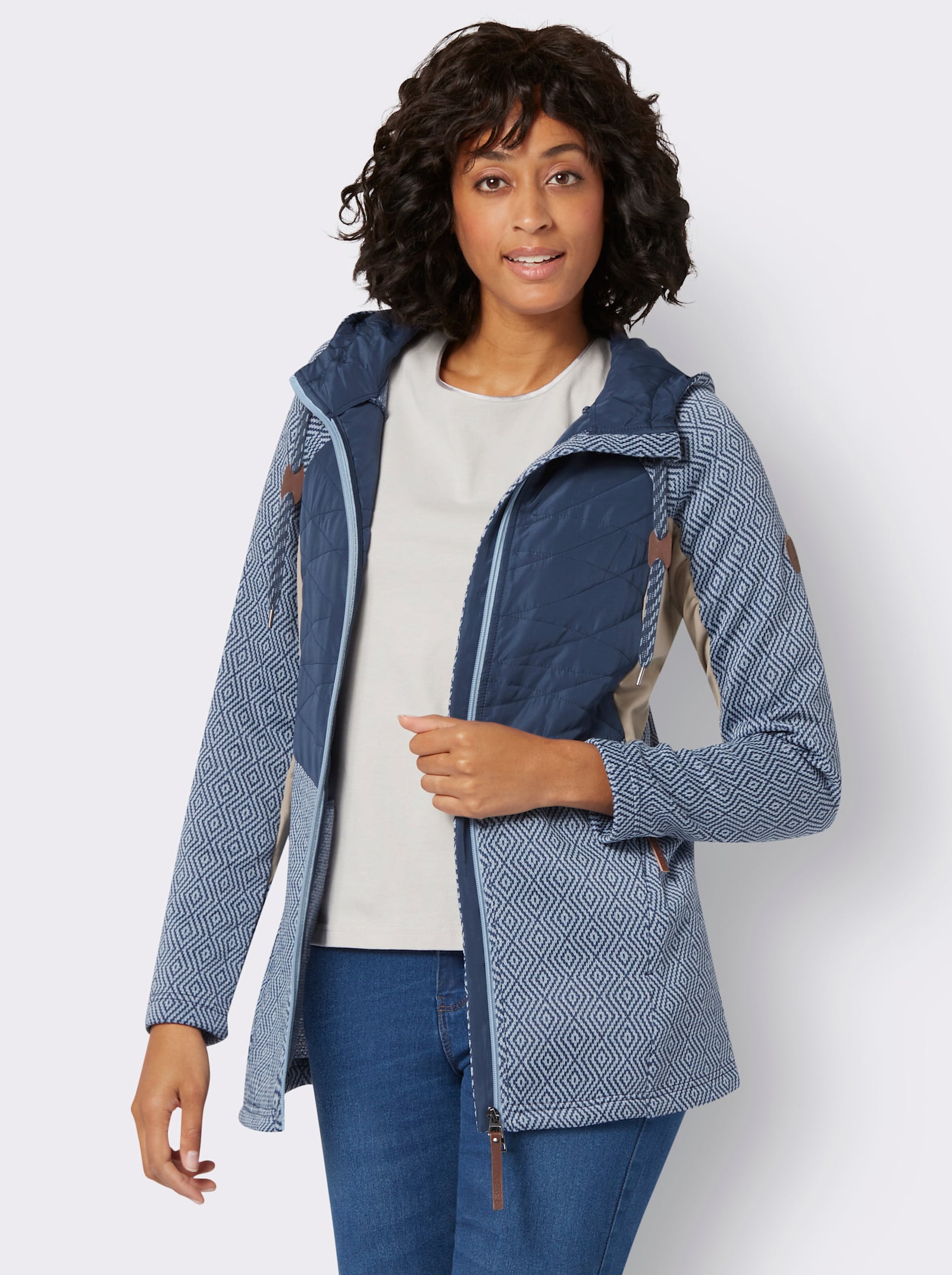 Strickfleece-Jacke in Longform - bleu-jeansblau-gemustert