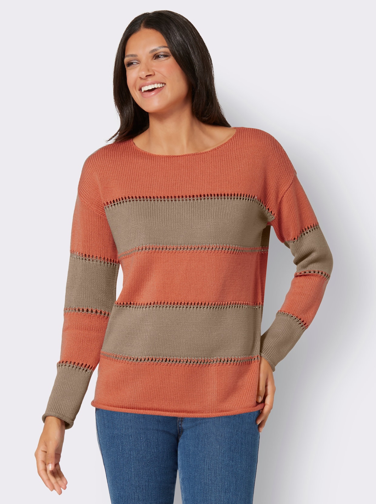 Streifenpullover - beige-papaya-geringelt