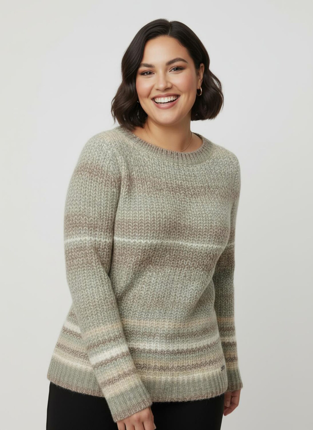 Langarm-Pullover im Grobstrick - taupe-jade-geringelt