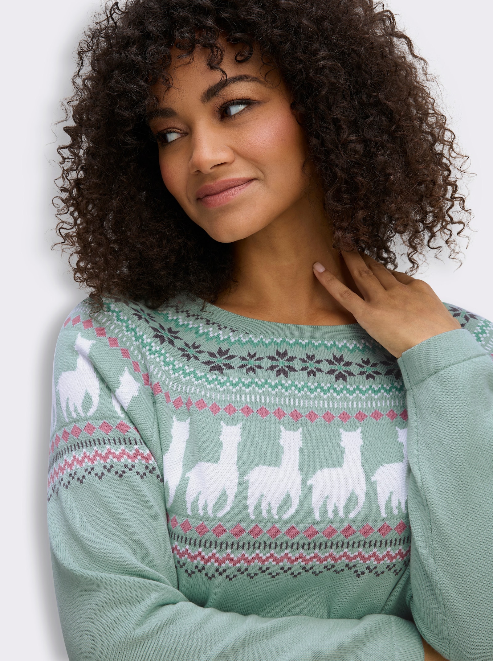 Langarm-Pullover mit Alpaka-Muster - kalkmint-ecru-gemustert