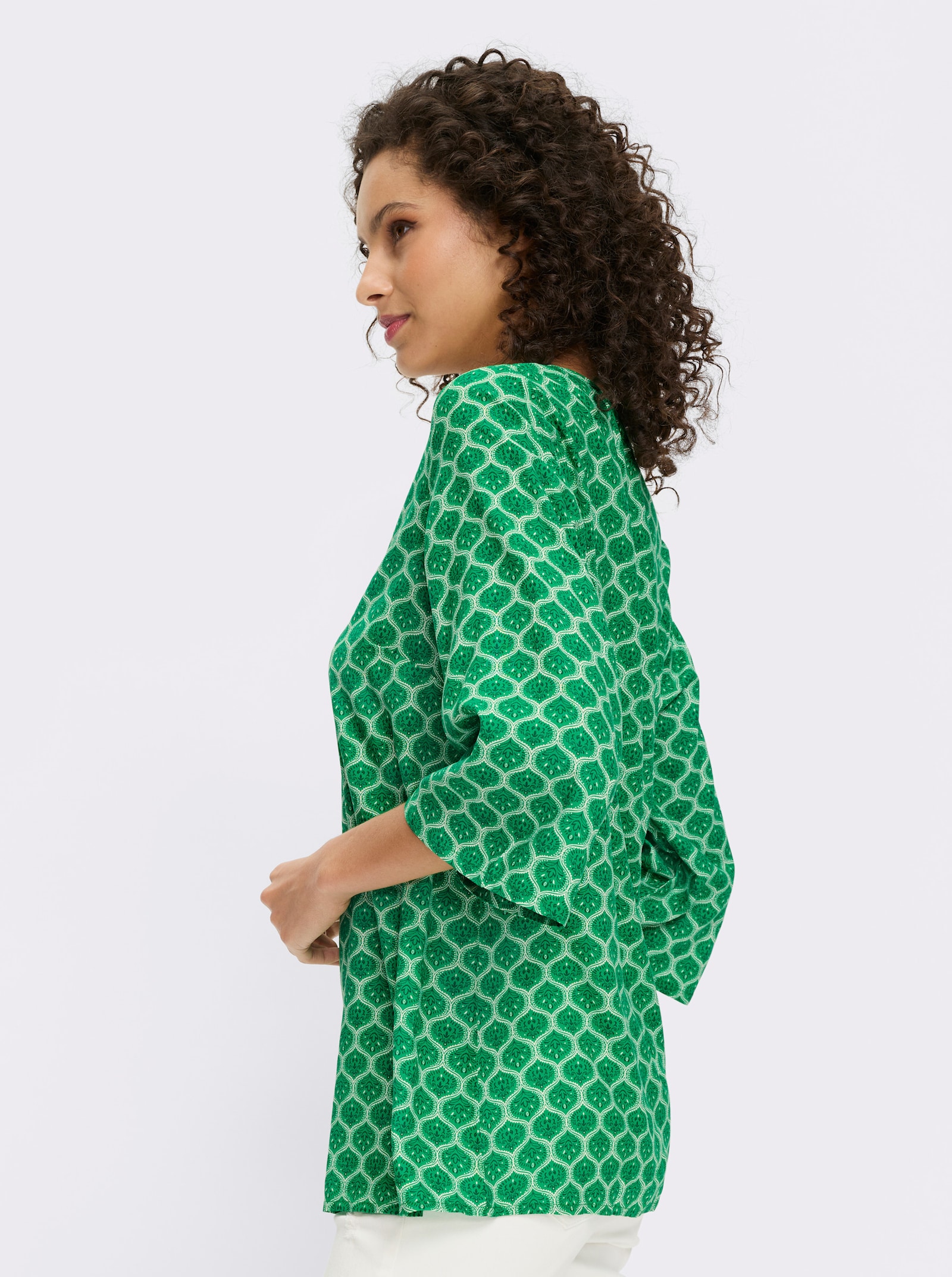 heine Tunika mit Trompetenärmeln - grasgrün-ecru-bedruckt