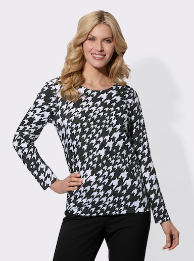 Langarmshirt im Hahnentritt-Muster - schwarz-weiß-bedruckt