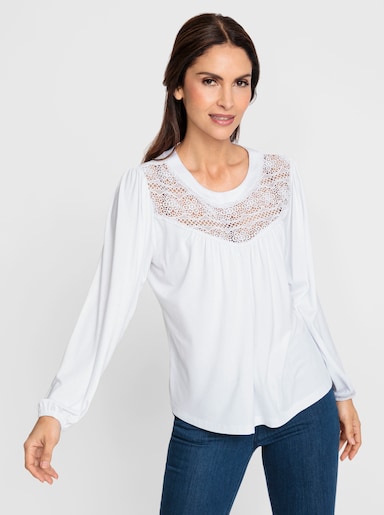 Rundhalsshirt mit Spitze im Vorderteil - weiß