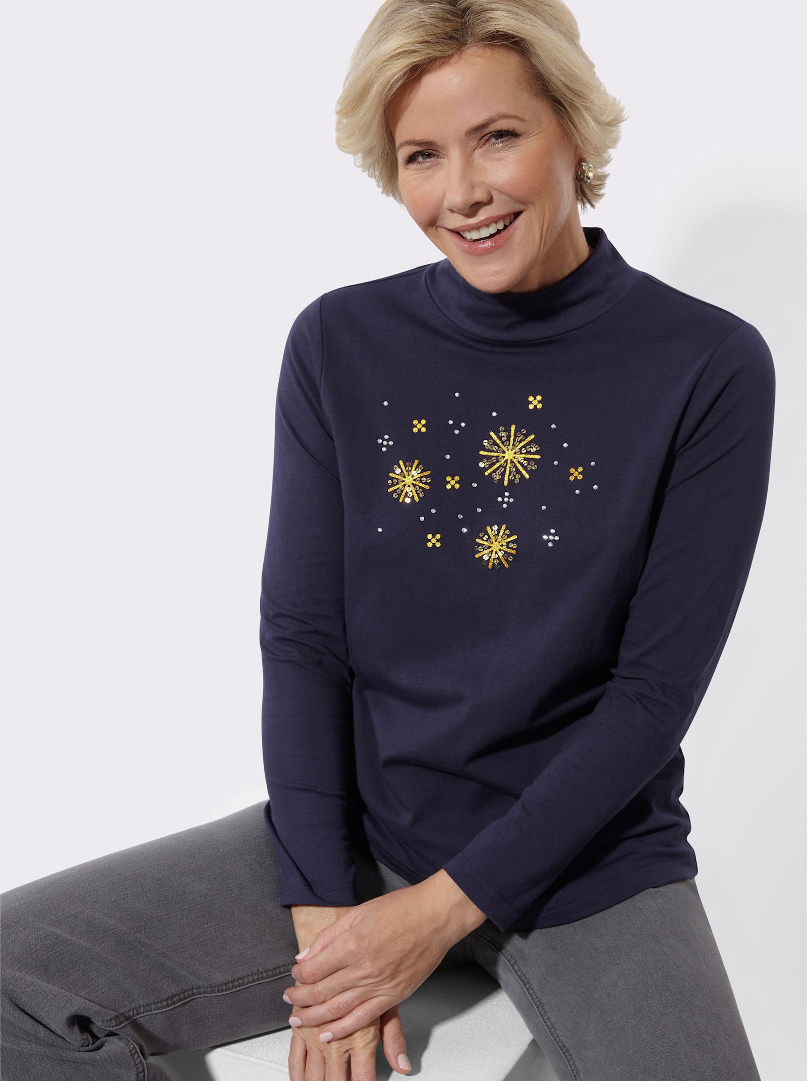 Stehkragenshirt mit Glitzersteinchen - marine