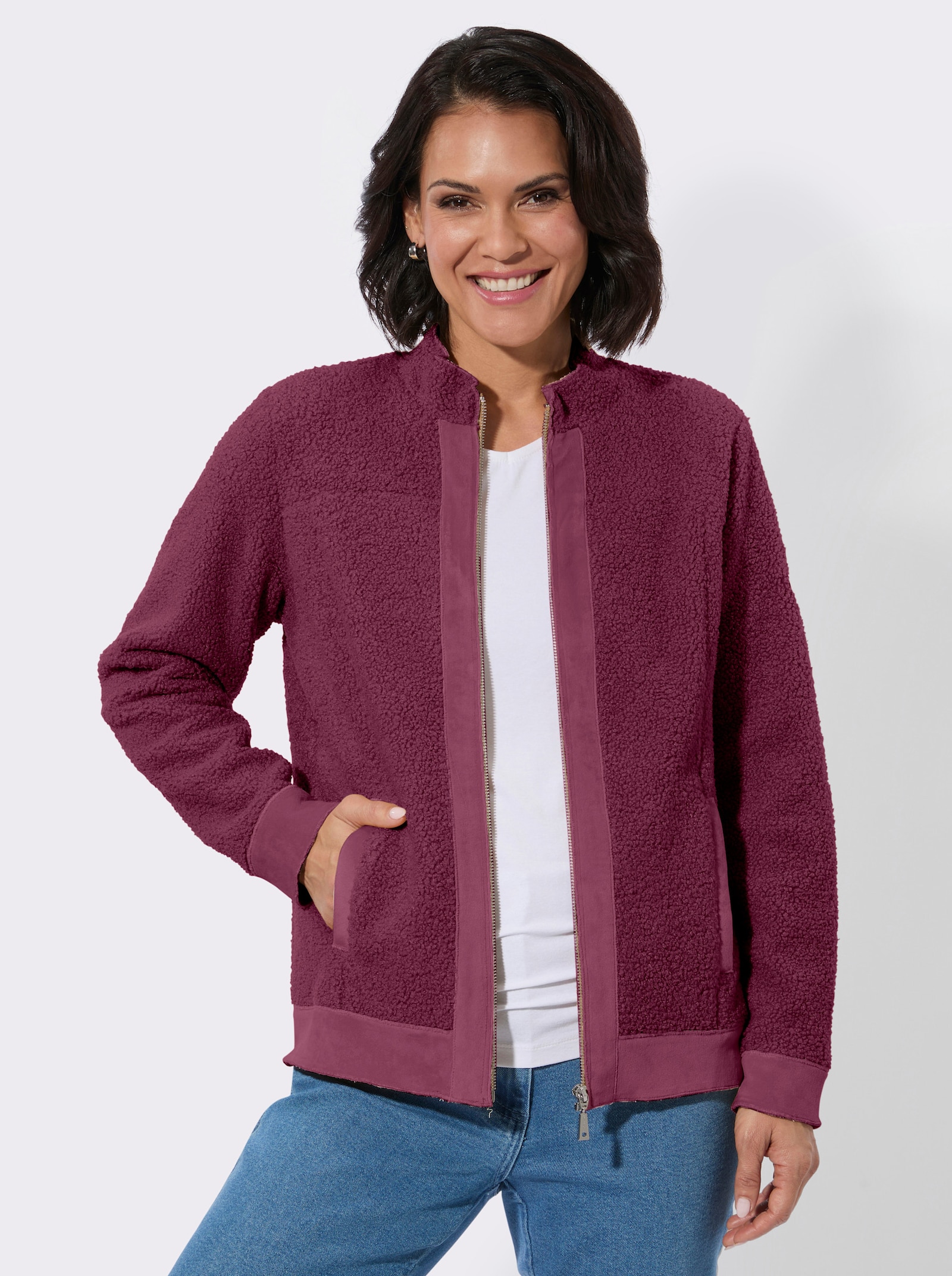 Boucléjacke mit Veloursleder-Opik - bordeaux