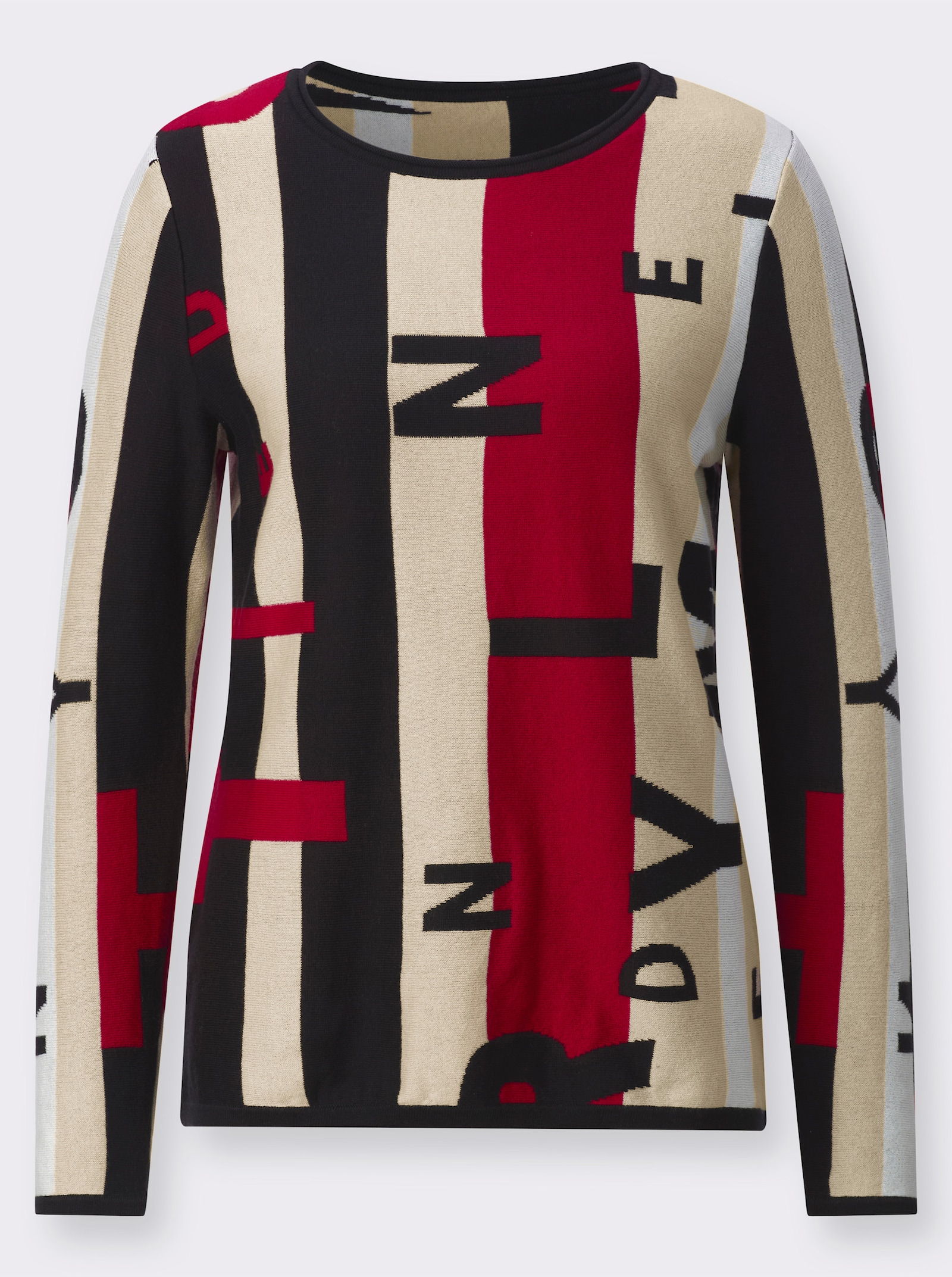Jacquard-Pullover mit Streifen- und Lettering-Muster - schwarz-rot-gemustert