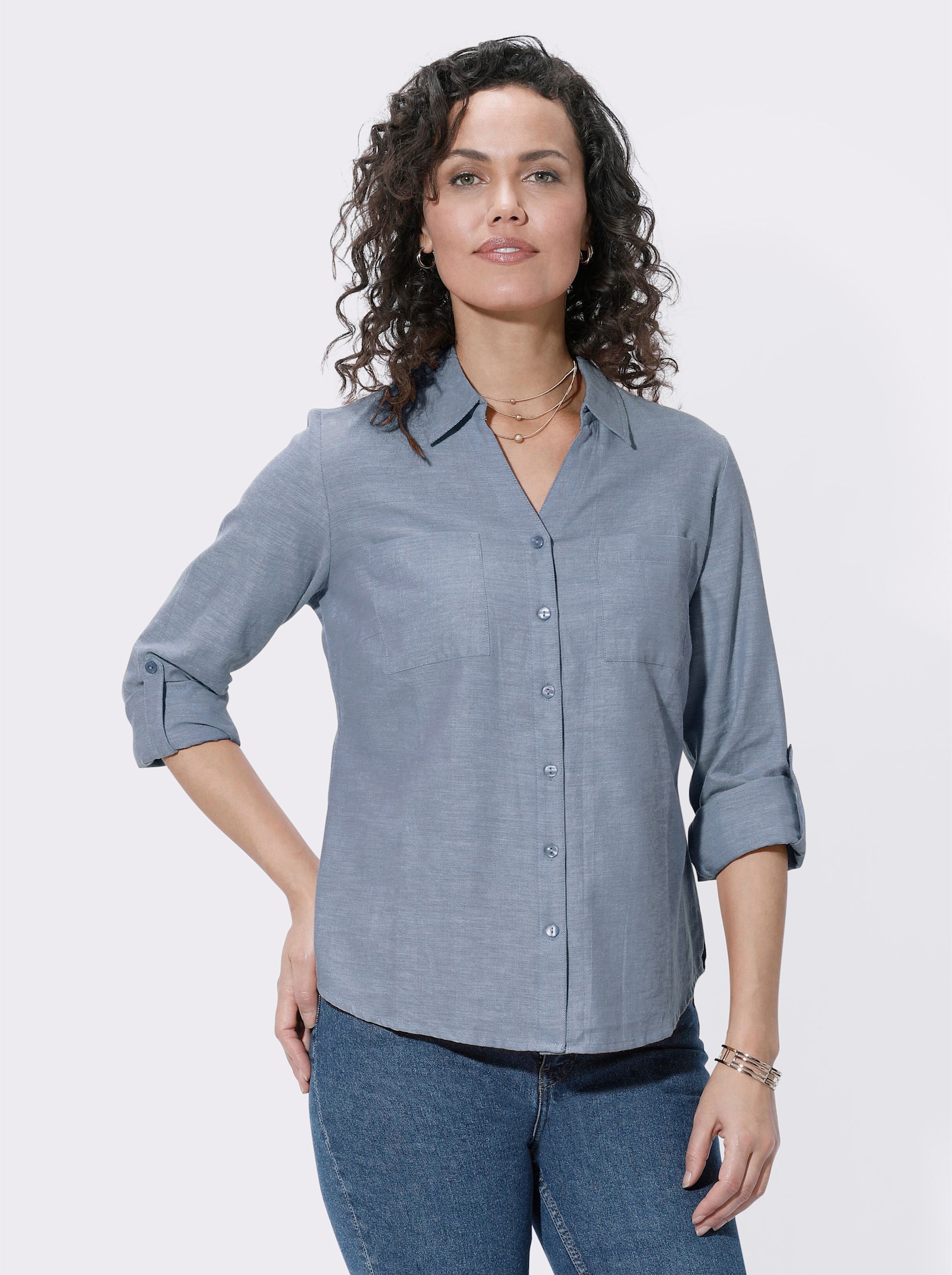 Flanellen blouse met opstroopbare mouwen - bleu gemêleerd