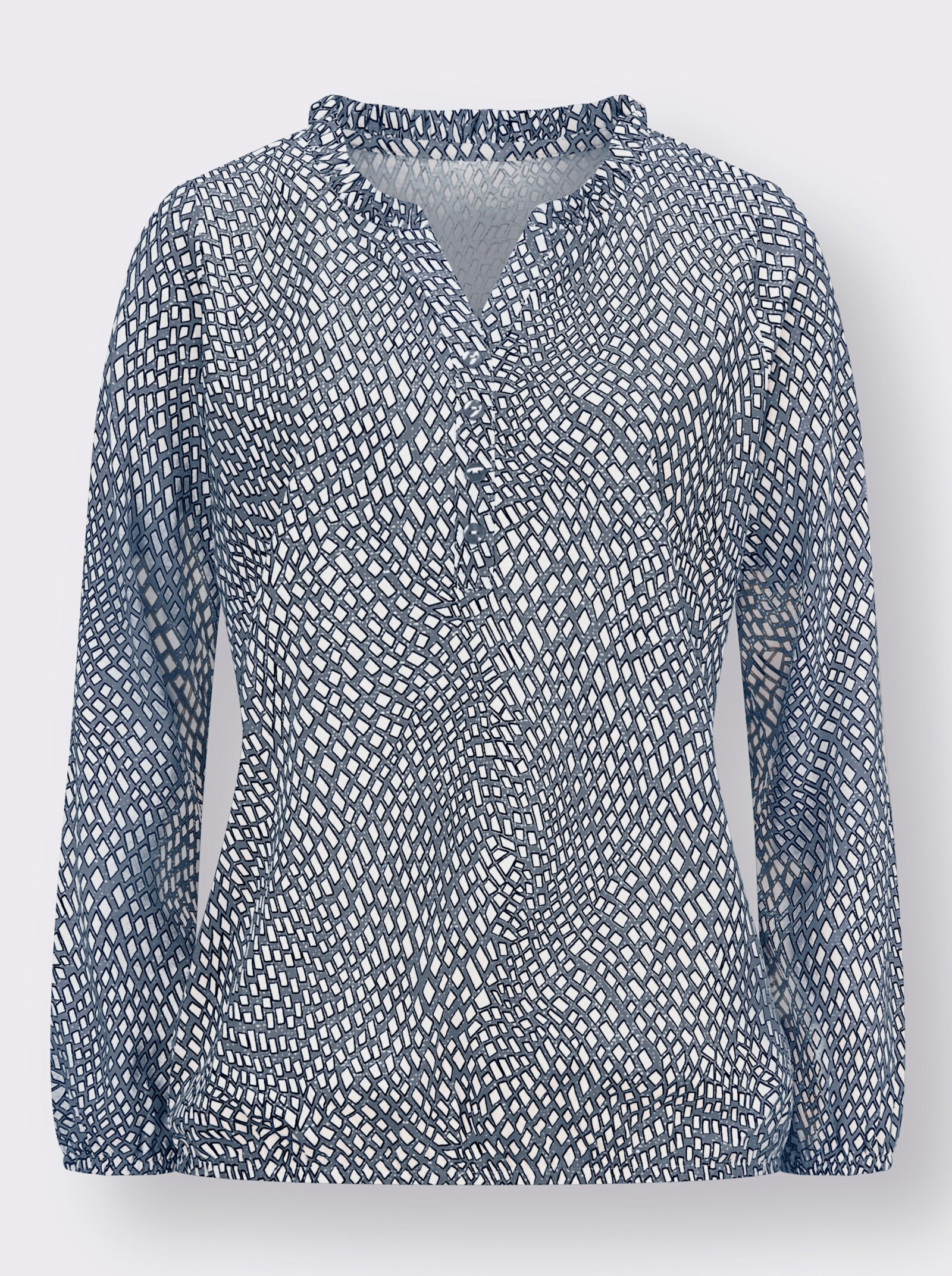 Langarmshirt mit Rüschenverzierung - rauchblau-ecru-bedruckt