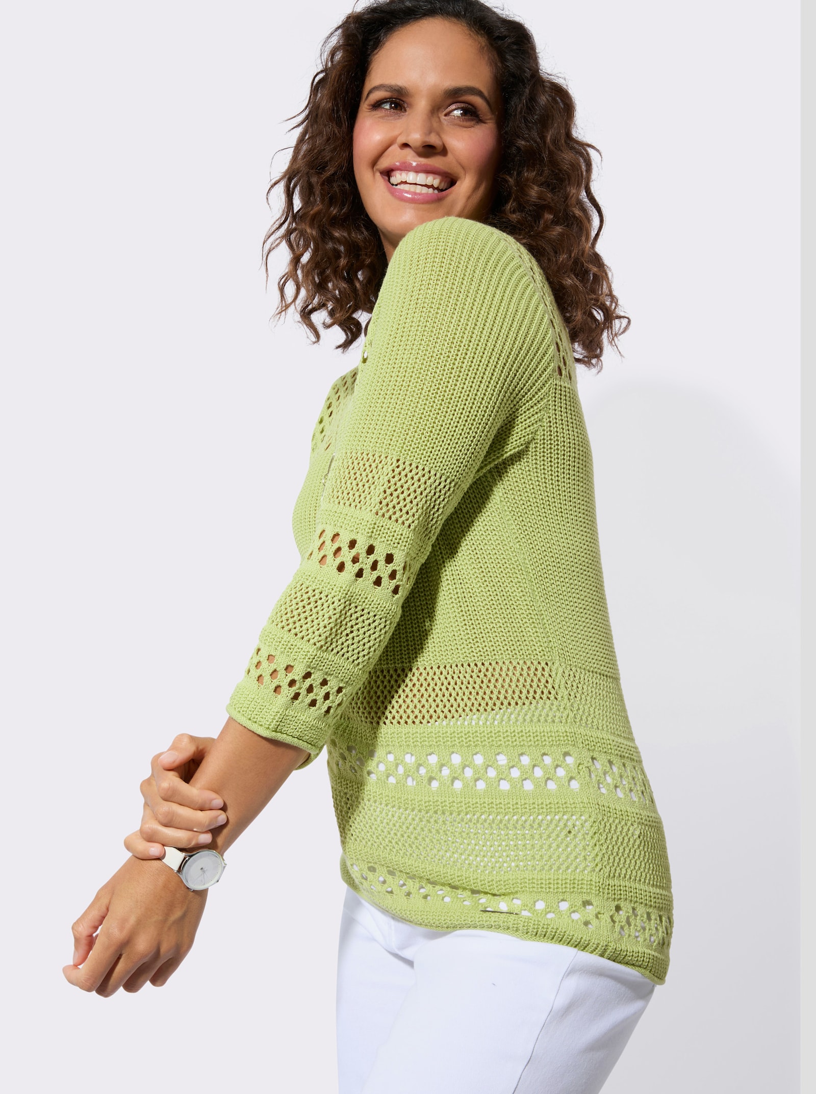 Ajourpullover mit Rollkanten - pistazie