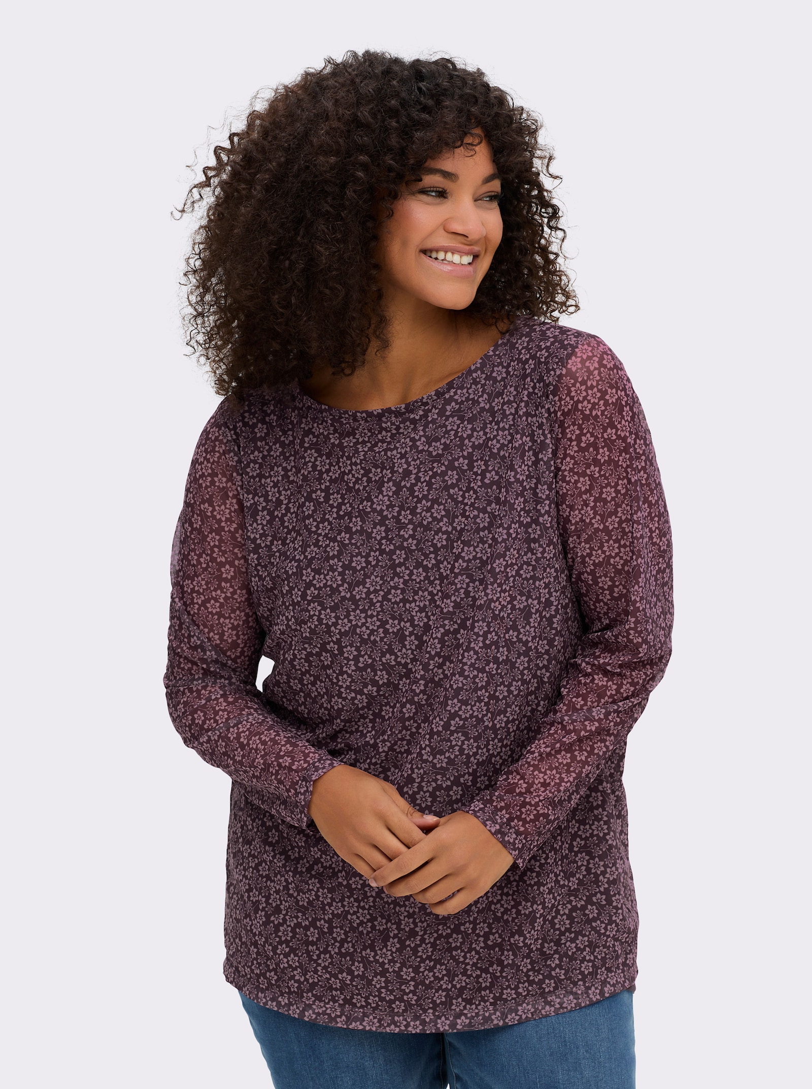 sheego Shirt met lange mouwen van mesh, met bloemetjesprint - aubergine/mauve bedrukt
