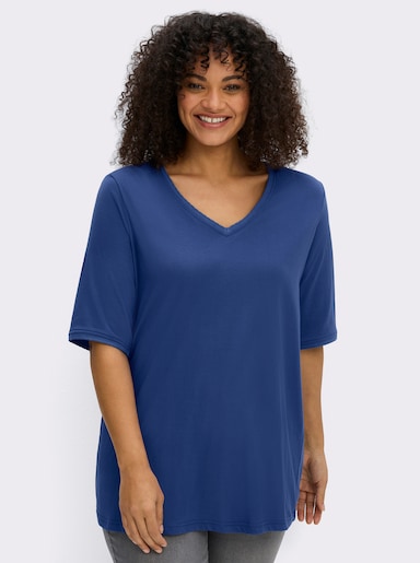 sheego Shirt met ajourband bij de V-hals en op de mouwen - koningsblauw