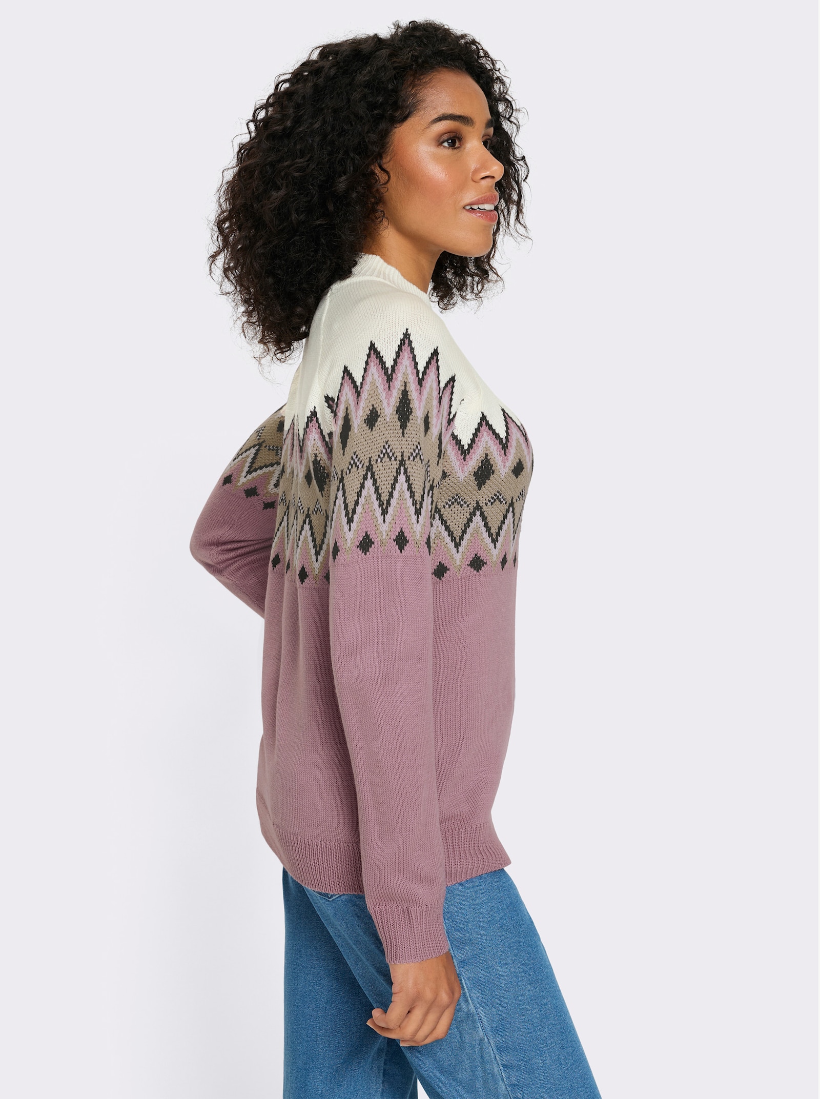 Langarm-Pullover mit Norweger-Muster - mauve-beige-gemustert
