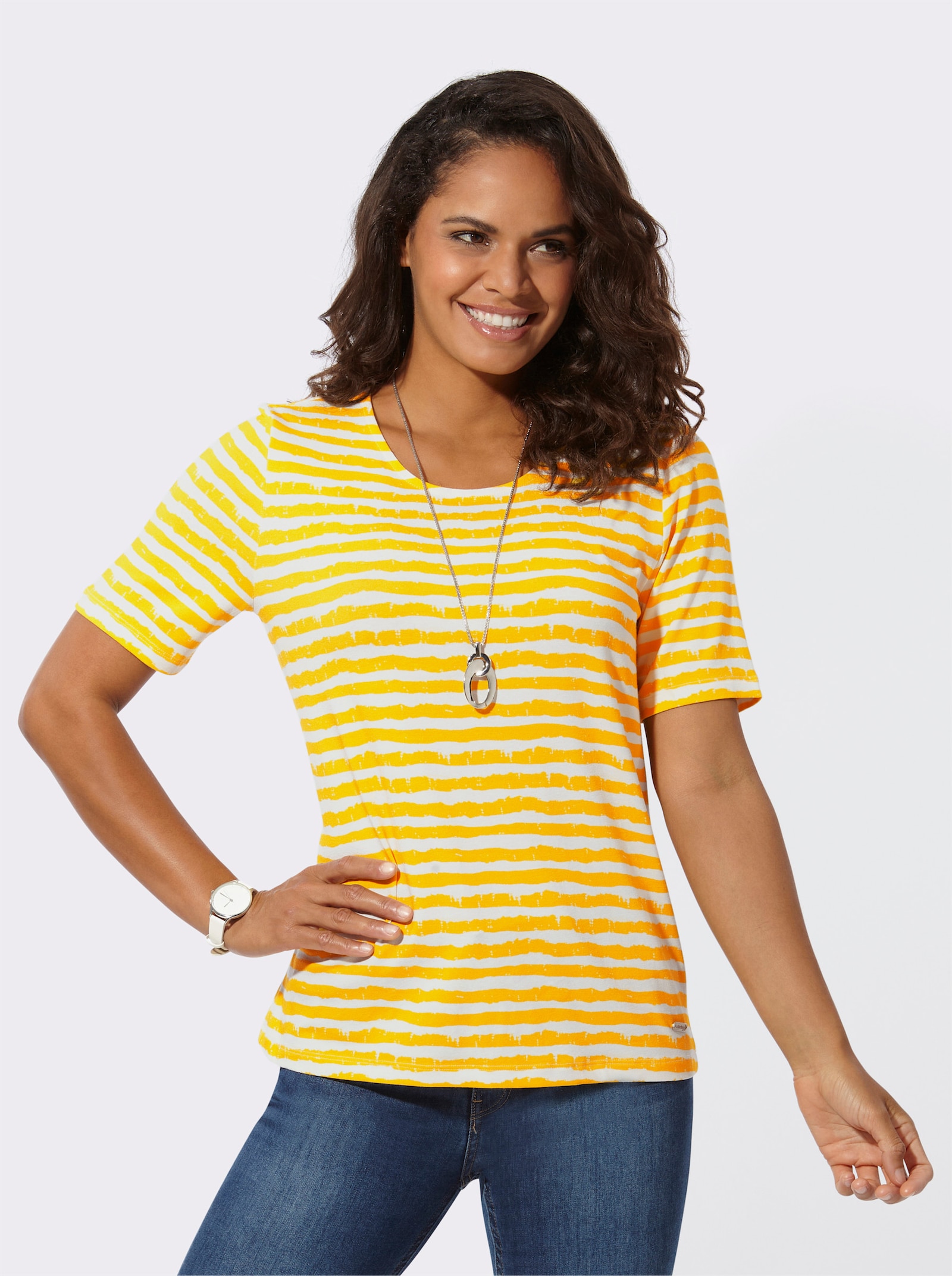 Streepjesshirt met korte mouwen - zongeel-ecru gestreept