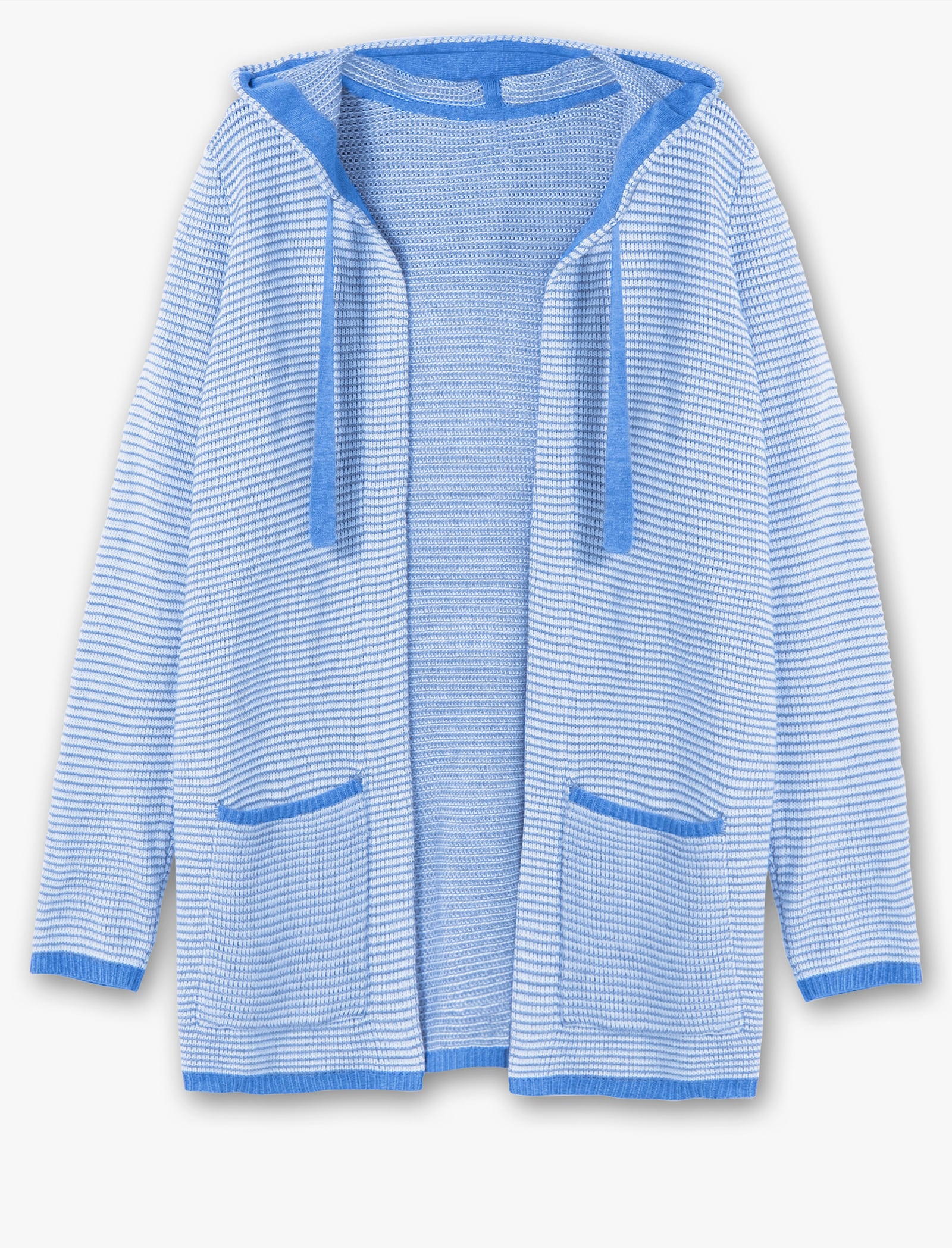 Kapuzenstrickjacke in langer Form - jeansblau-geringelt