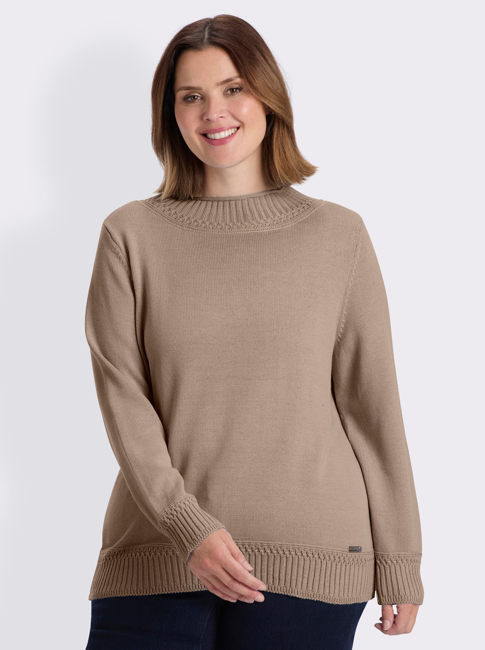 Stehkragenpullover mit Ripp-Abschlüssen - sesam