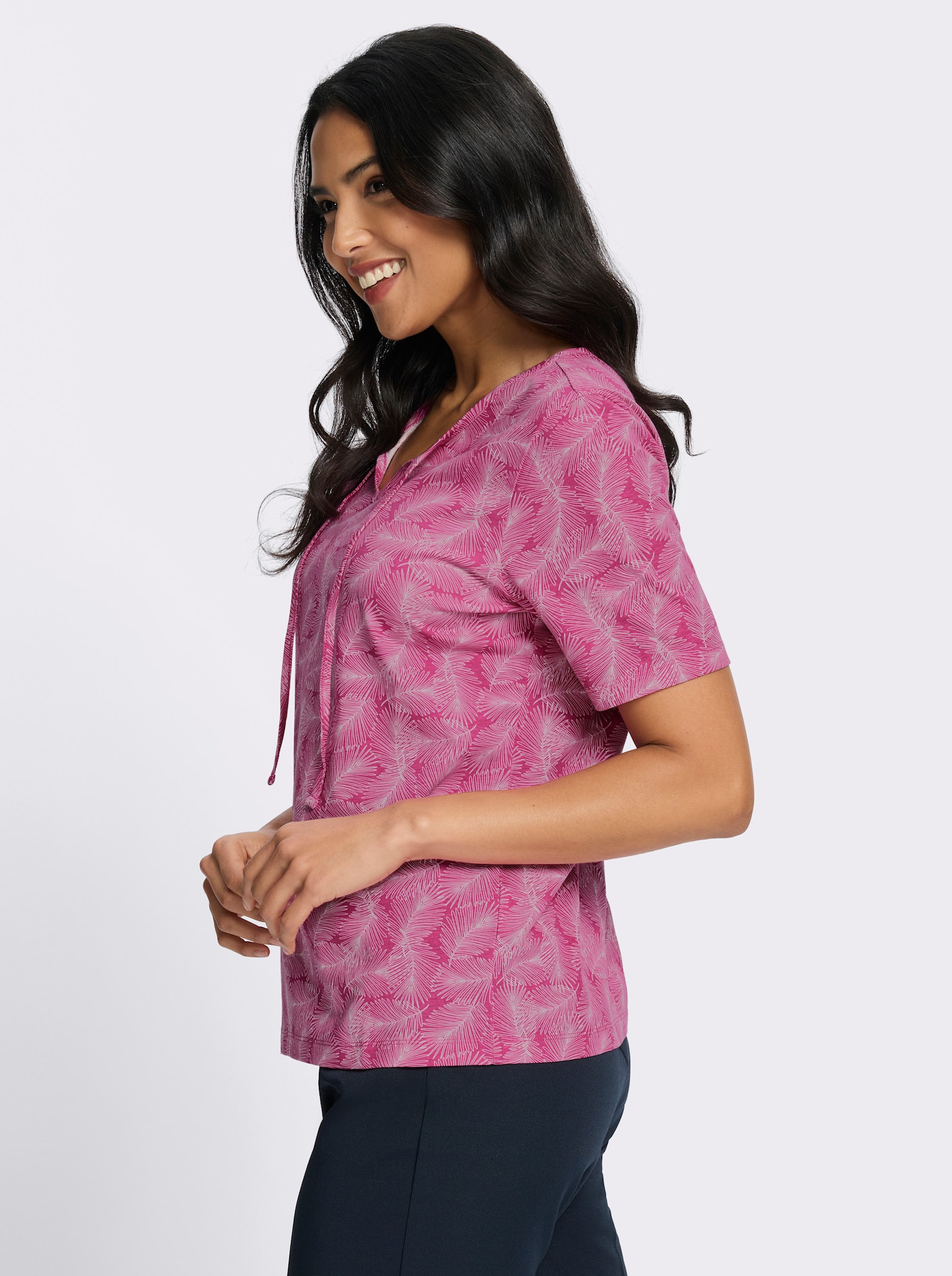 Kurzarmshirt mit Bindeband - fuchsia-ecru-bedruckt