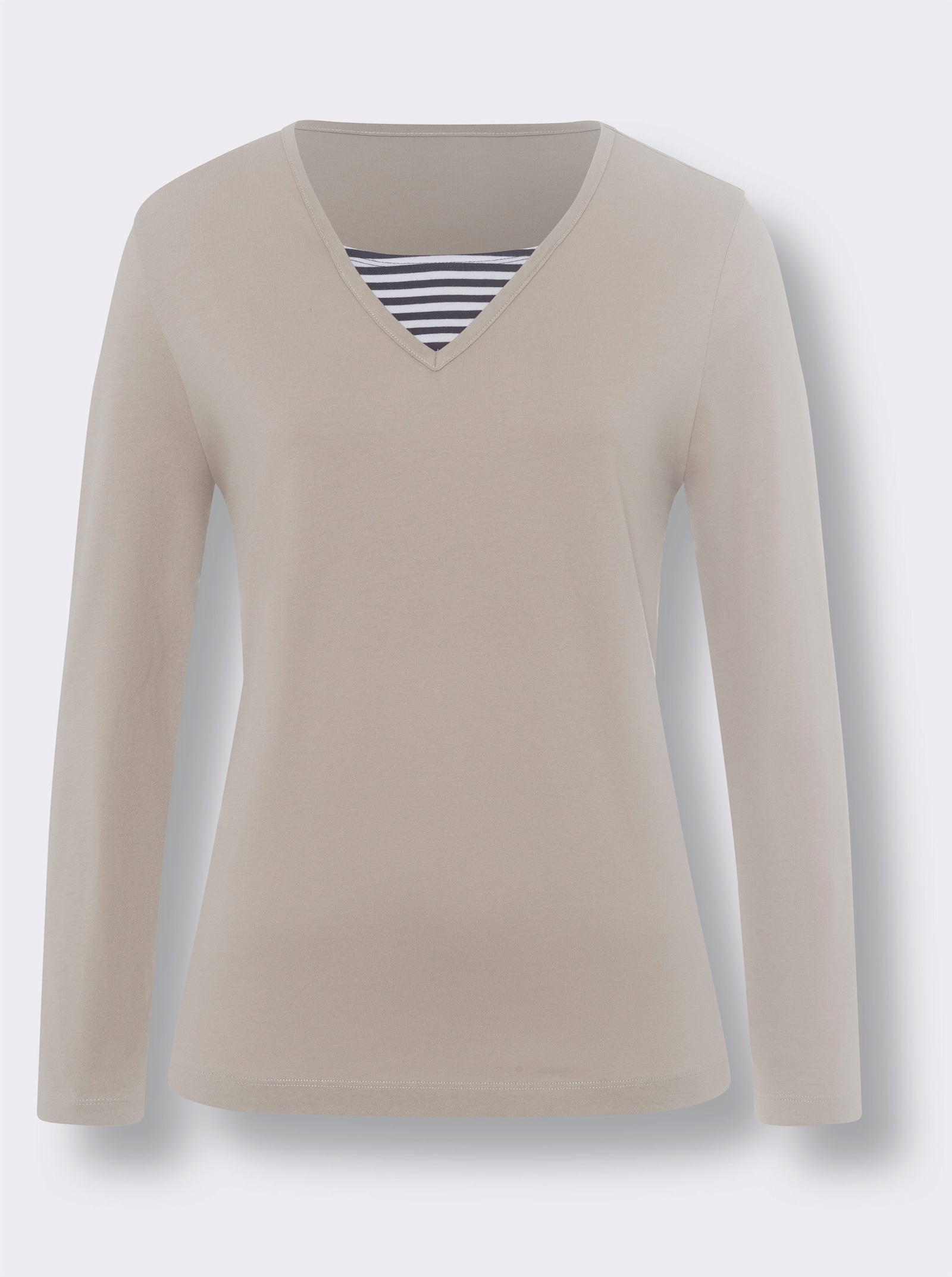 2-in-1-Langarmshirt mit gestreiften Ellbogenpatches - sesam