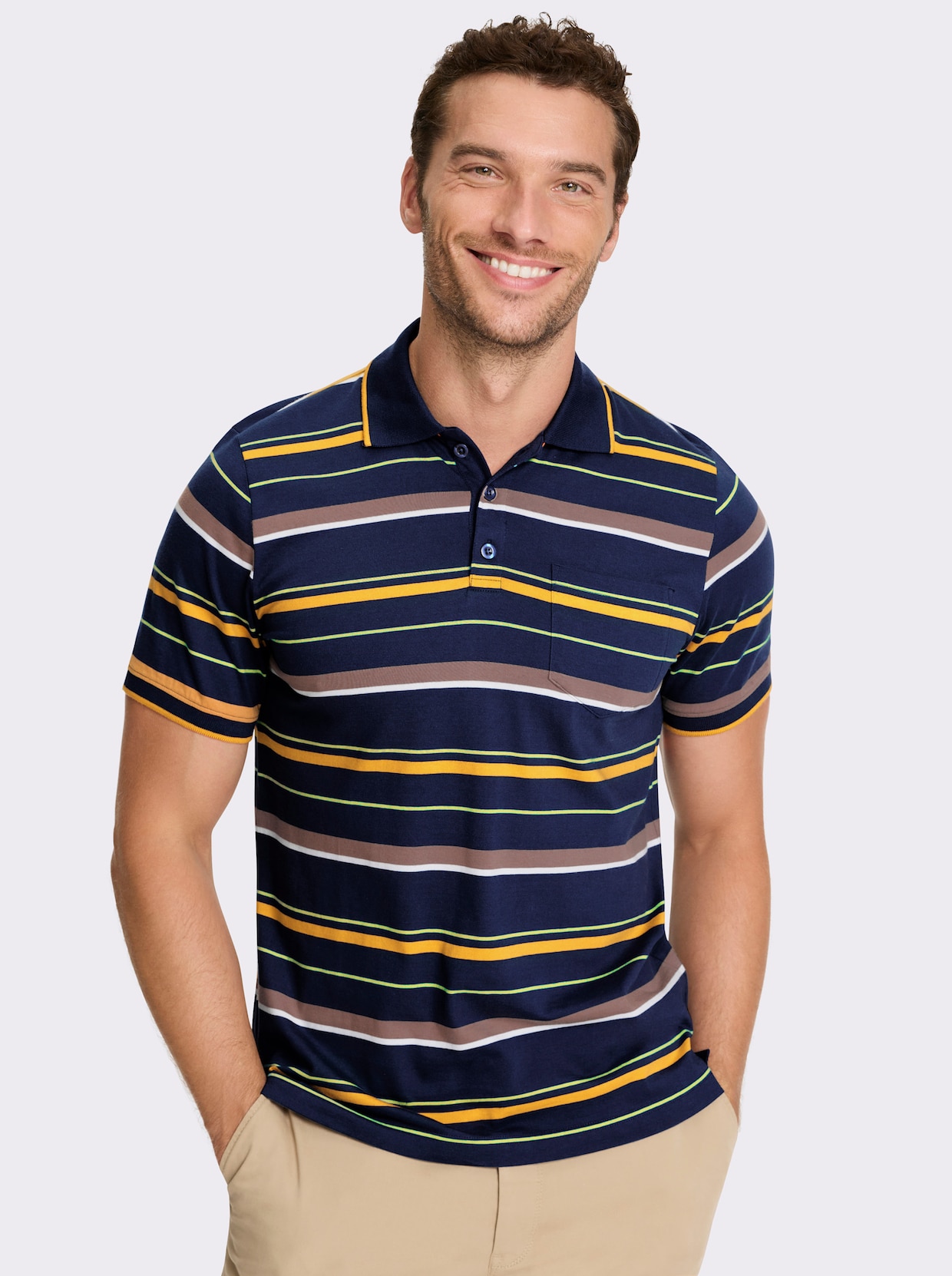 Marco Donati Kurzarmshirt - dunkelblau-ocker-gestreift