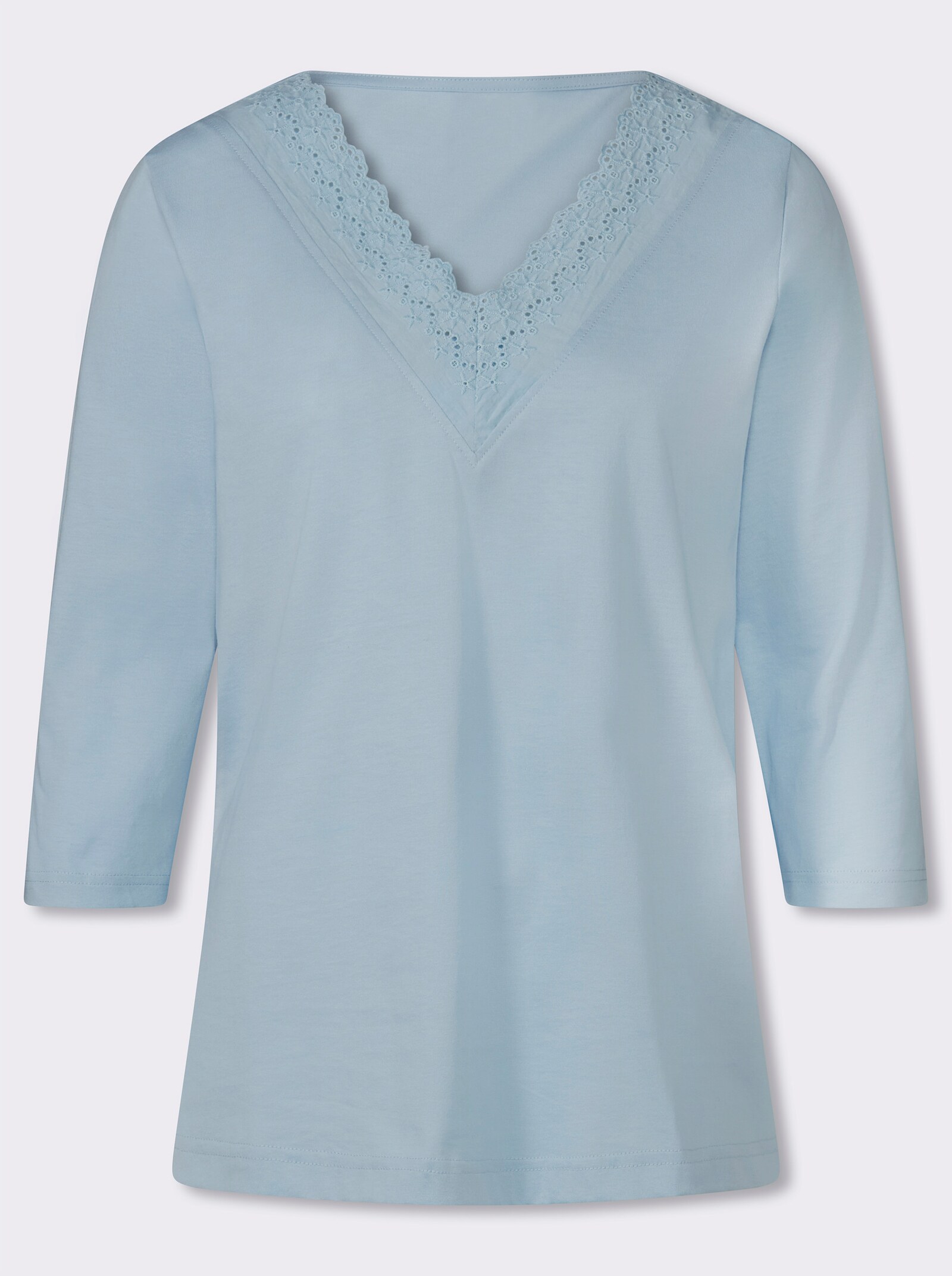 3/4-Arm-Shirt mit Spitze am Ausschnitt - eisblau