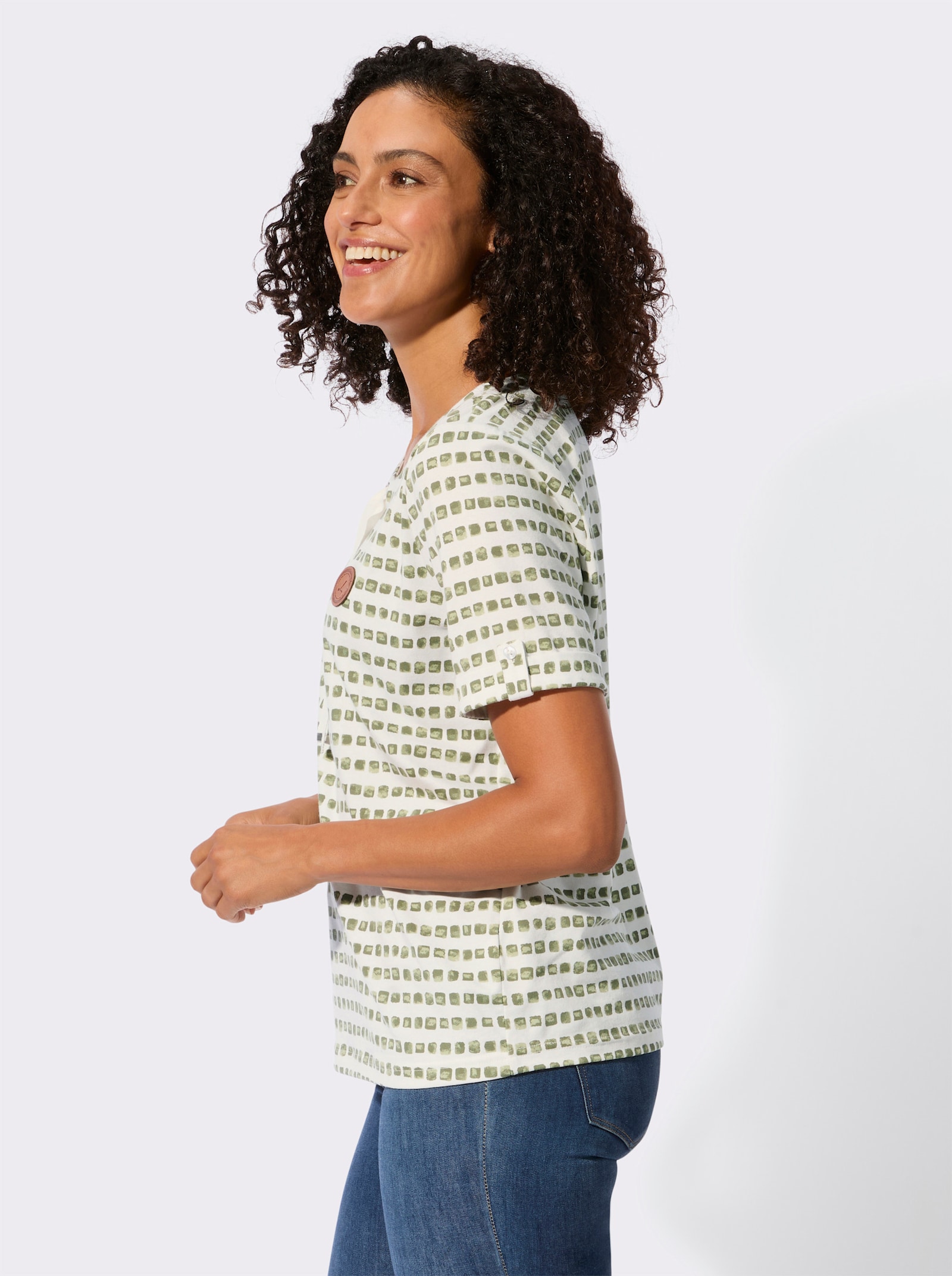 Print-Shirt mit Bindebändern am Ausschnitt - khaki-ecru-bedruckt