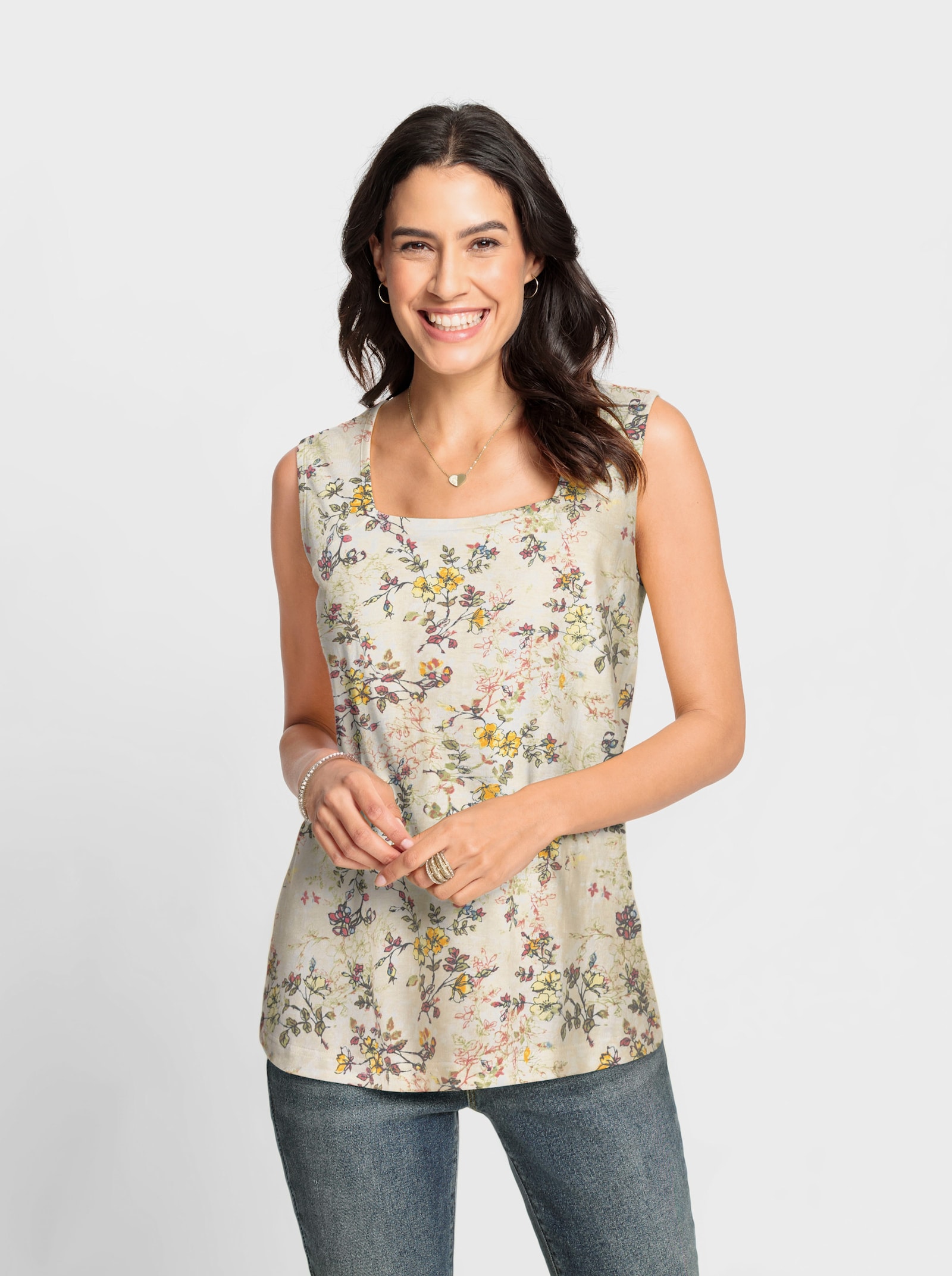 Shirttop met vierkante hals - champagne geprint