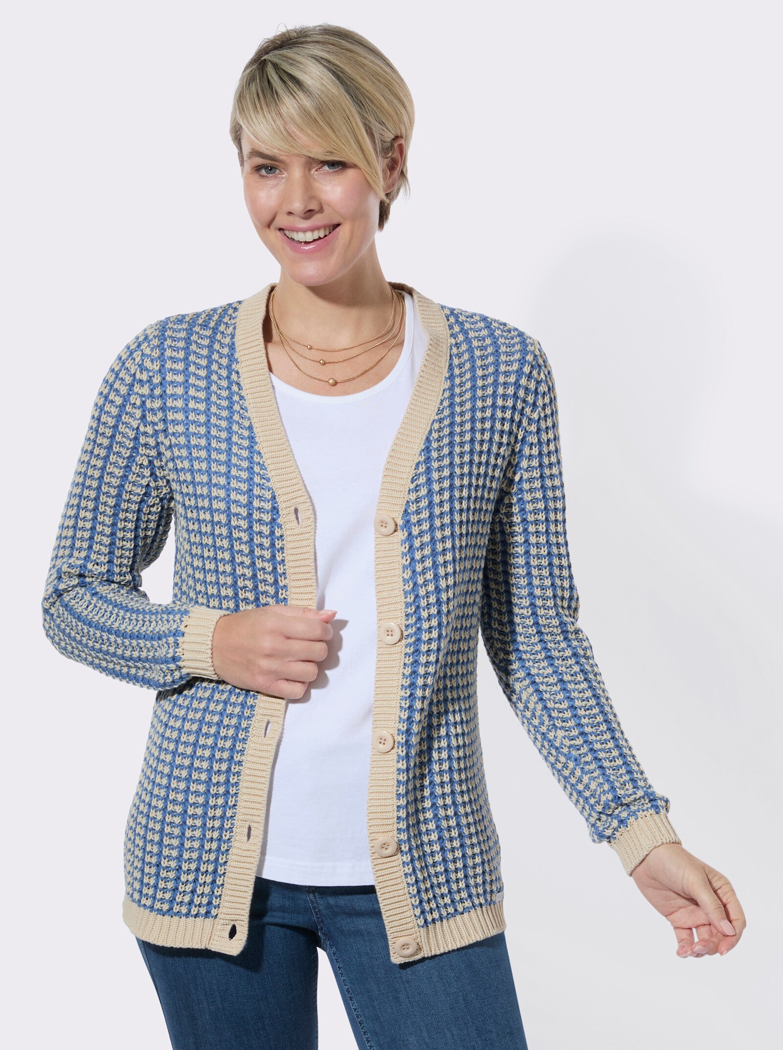 Strickjacke in zweifarbiger Melange-Optik - mittelblau-sand-gemustert