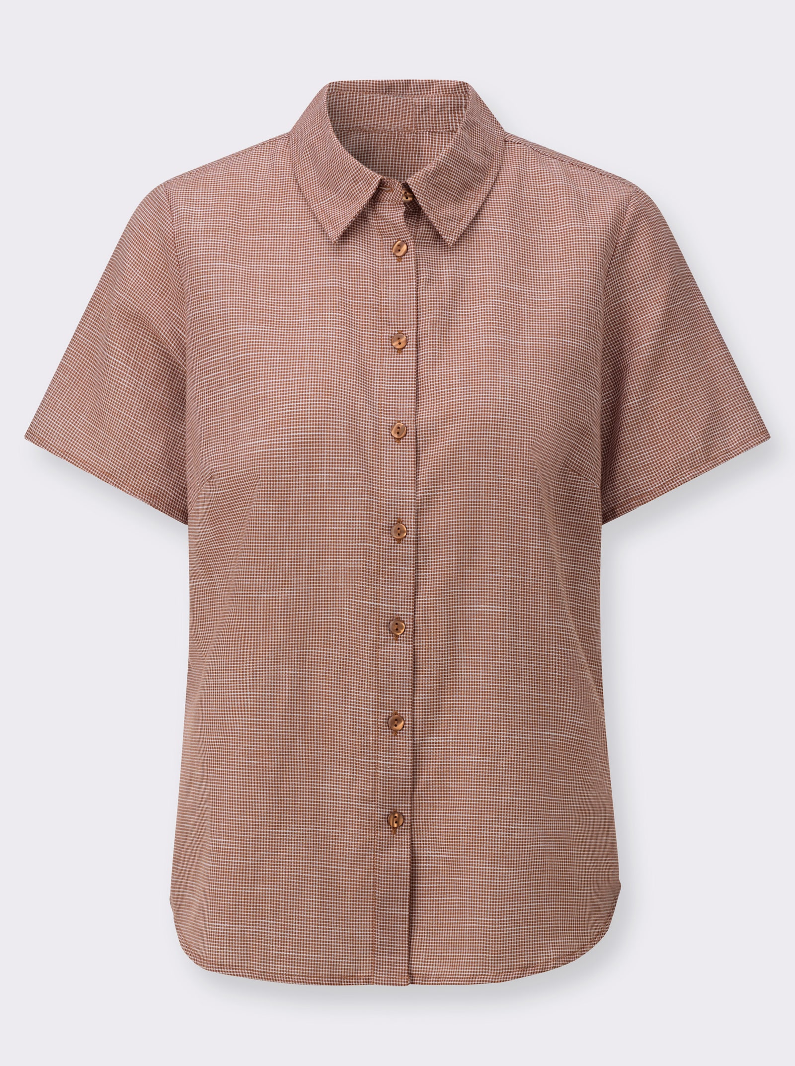 Kurzarm-Bluse mit abgerundetem Saum - cognac-weiß-gemustert