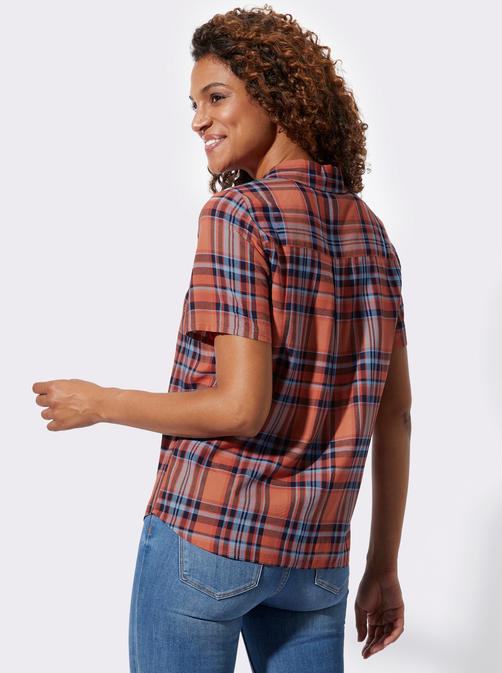 Karobluse mit abgerundetem Saum - papaya-himmelblau-kariert