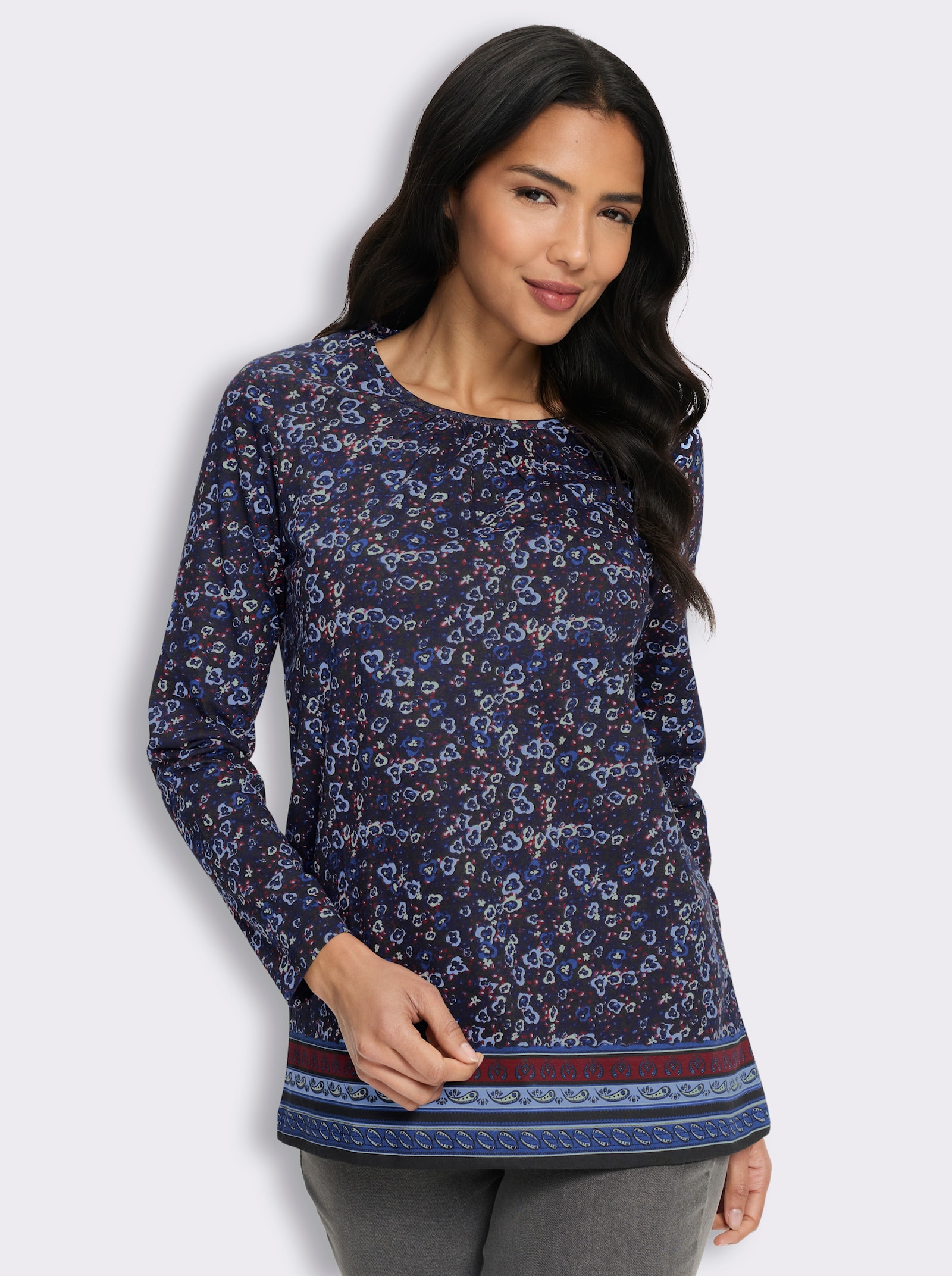 Longshirt mit Bordüren-Druck am Saum - schwarz-royalblau-bedruckt