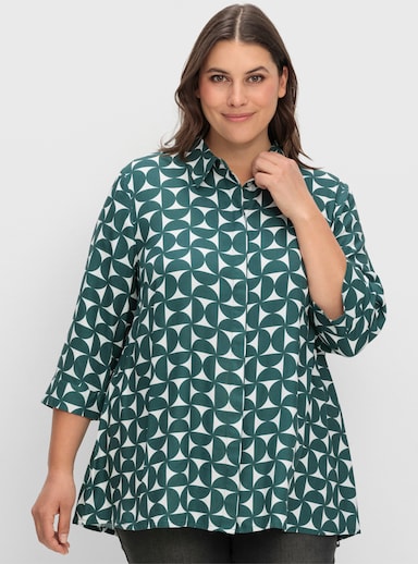 sheego Longbluse mit verlängertem Rückteil - tiefgrün-gemustert