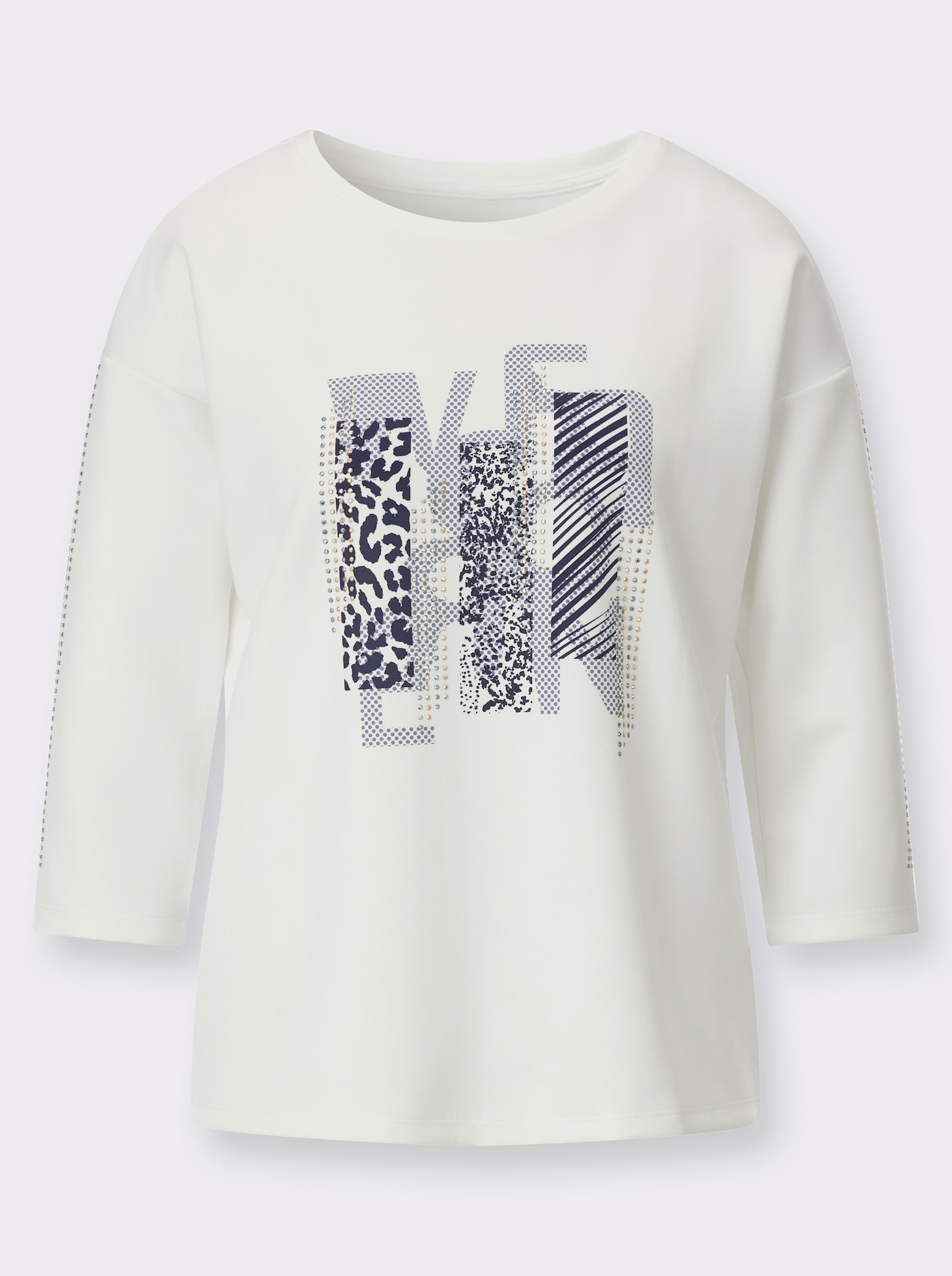 Sweatshirt mit Ziersteinchen - ecru-marine-bedruckt