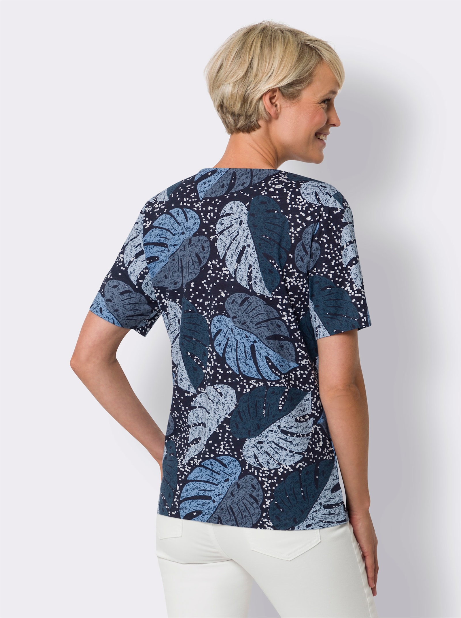Kurzarmshirt mit Blätterdruck - dunkelblau-weiß-bedruckt