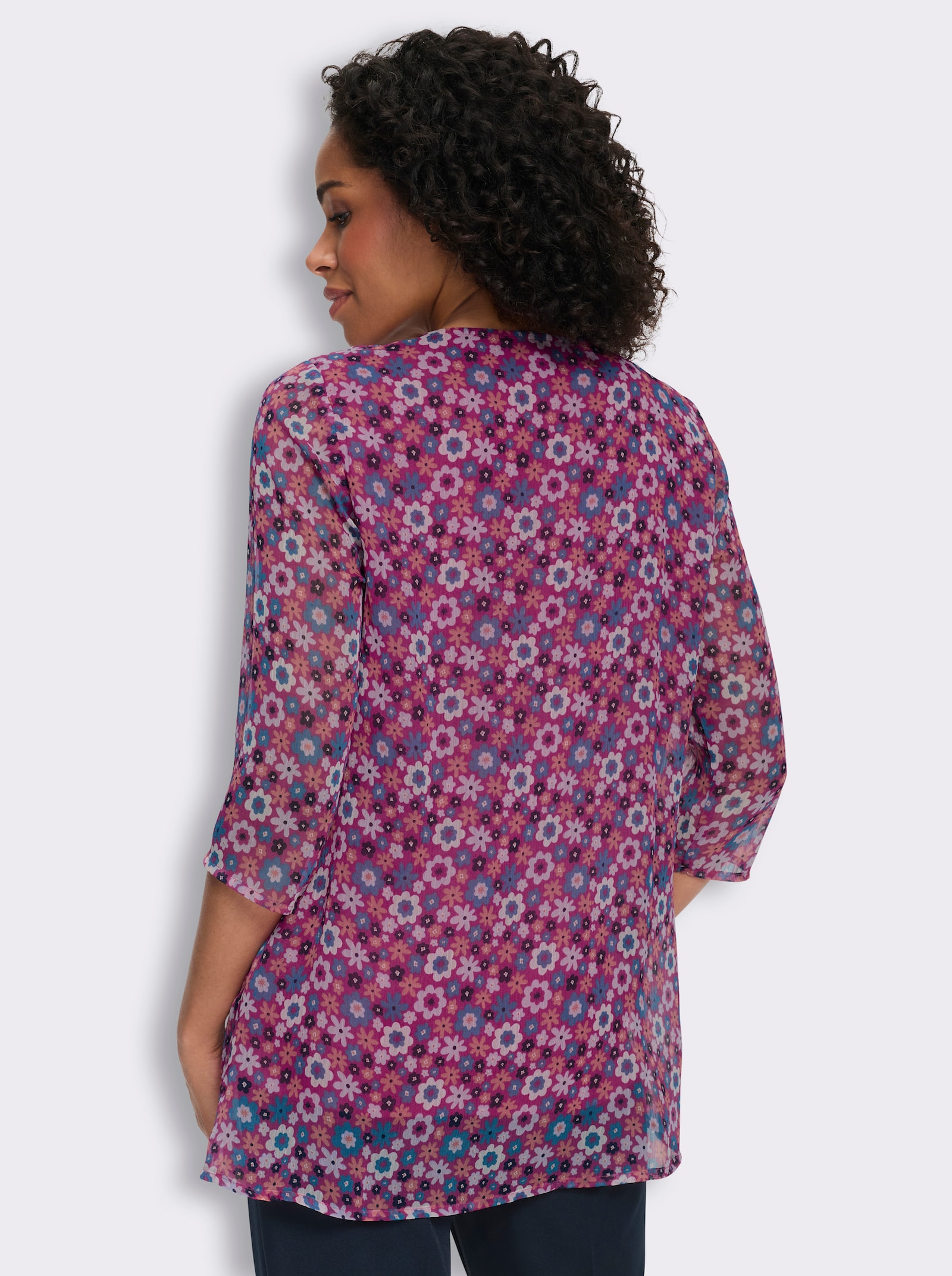 Longbluse in 2-in-1-Optik, obere Lage transparent - magenta-topas-bedruckt