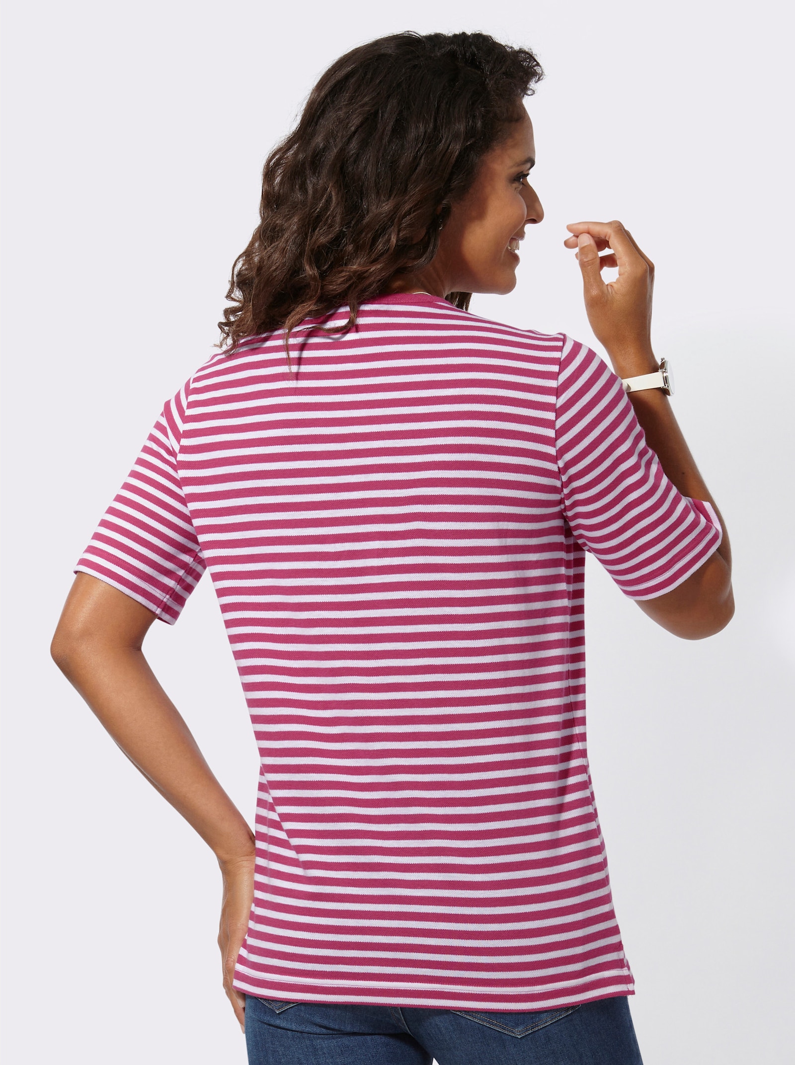 Ringelshirt mit kleiner Brusttasche - fuchsia-weiß-geringelt