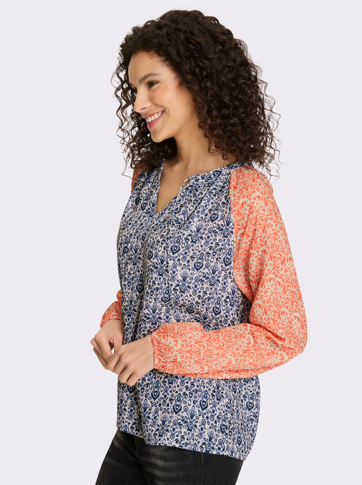 heine Druckbluse - orange-taubenblau-bedruckt