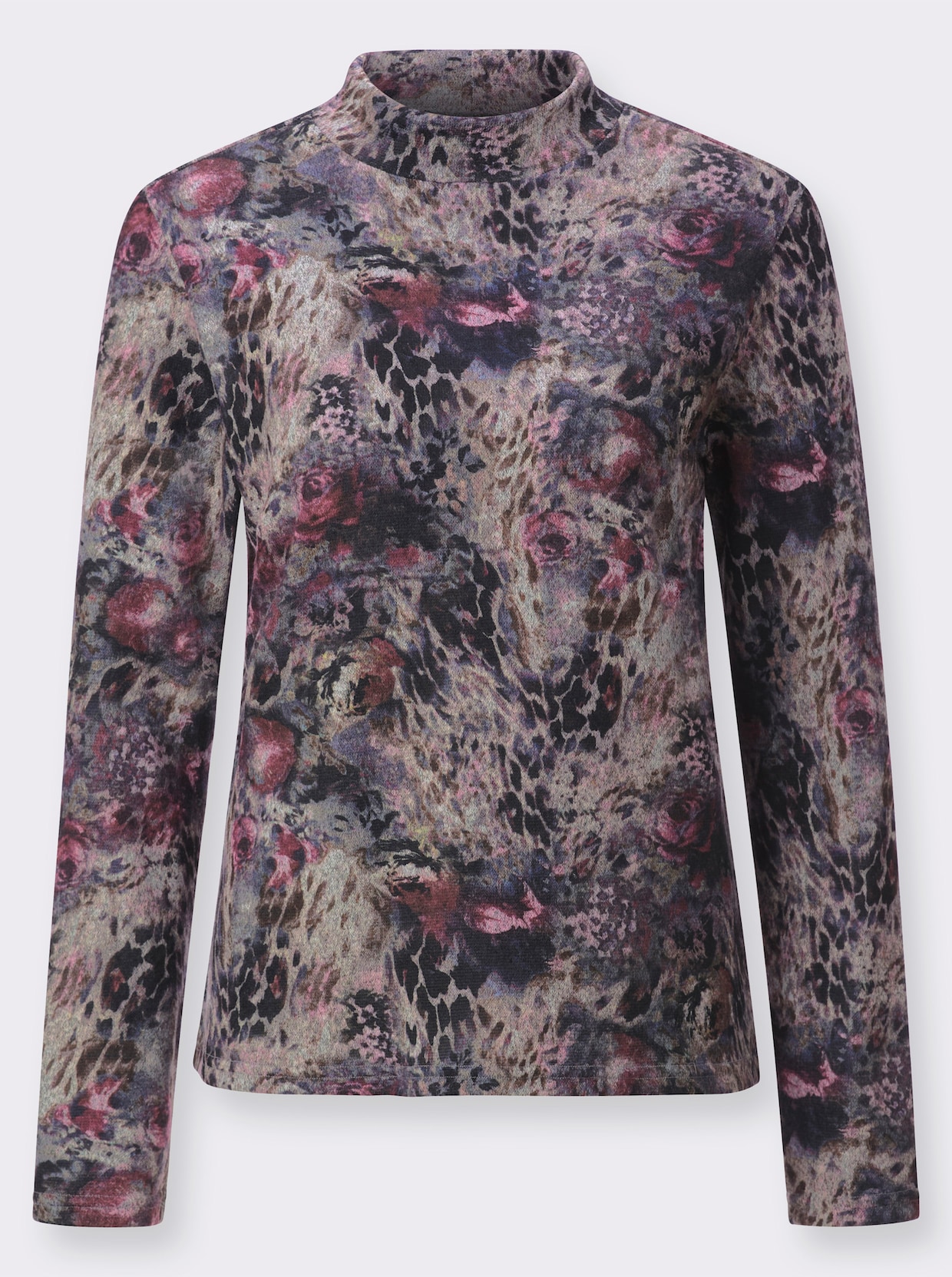 Stehkragenshirt - steingrau-burgund-bedruckt